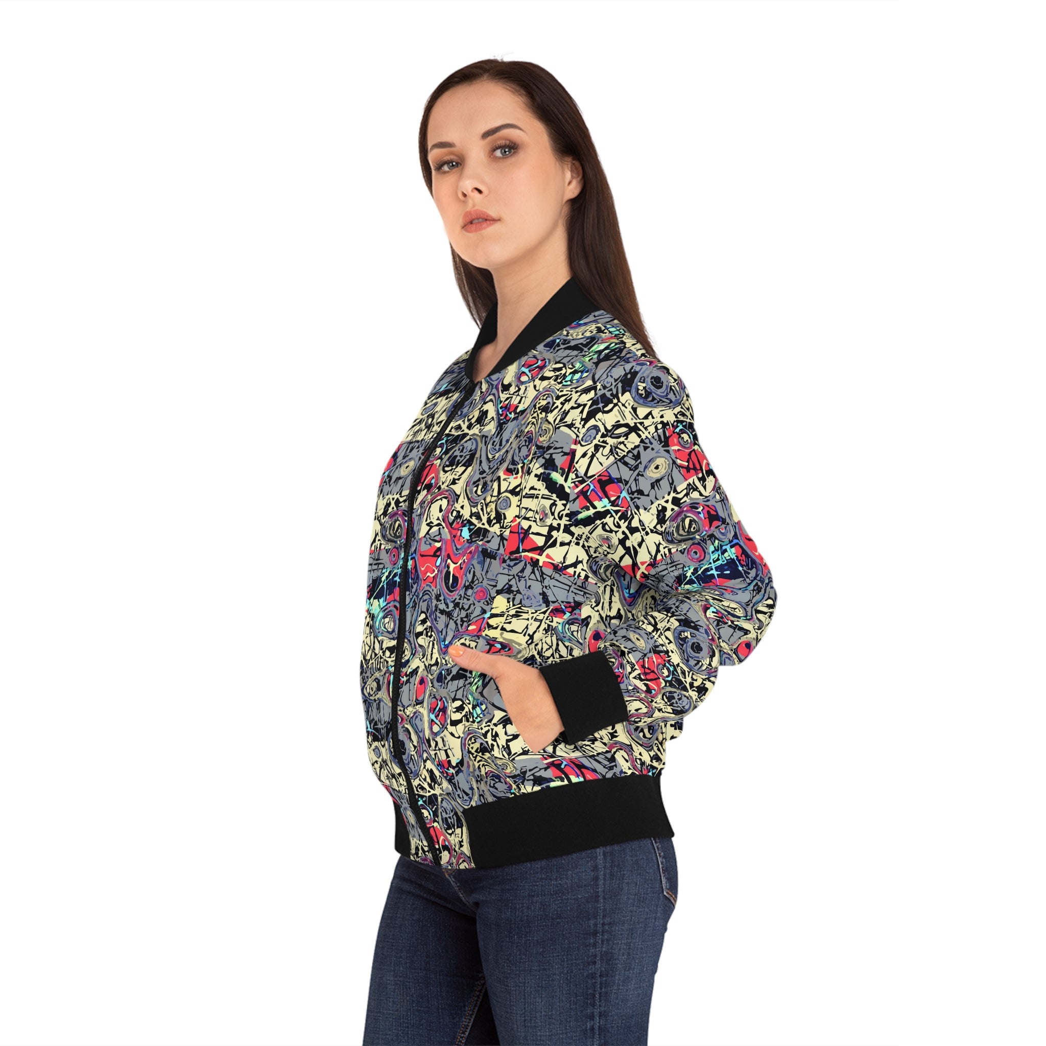 Graffiti bomber jacket with black stand collar, all-over print, full sleeves