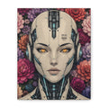 Square canvas print of a female android with headset, yellow eyes, and colorful floral backdrop.