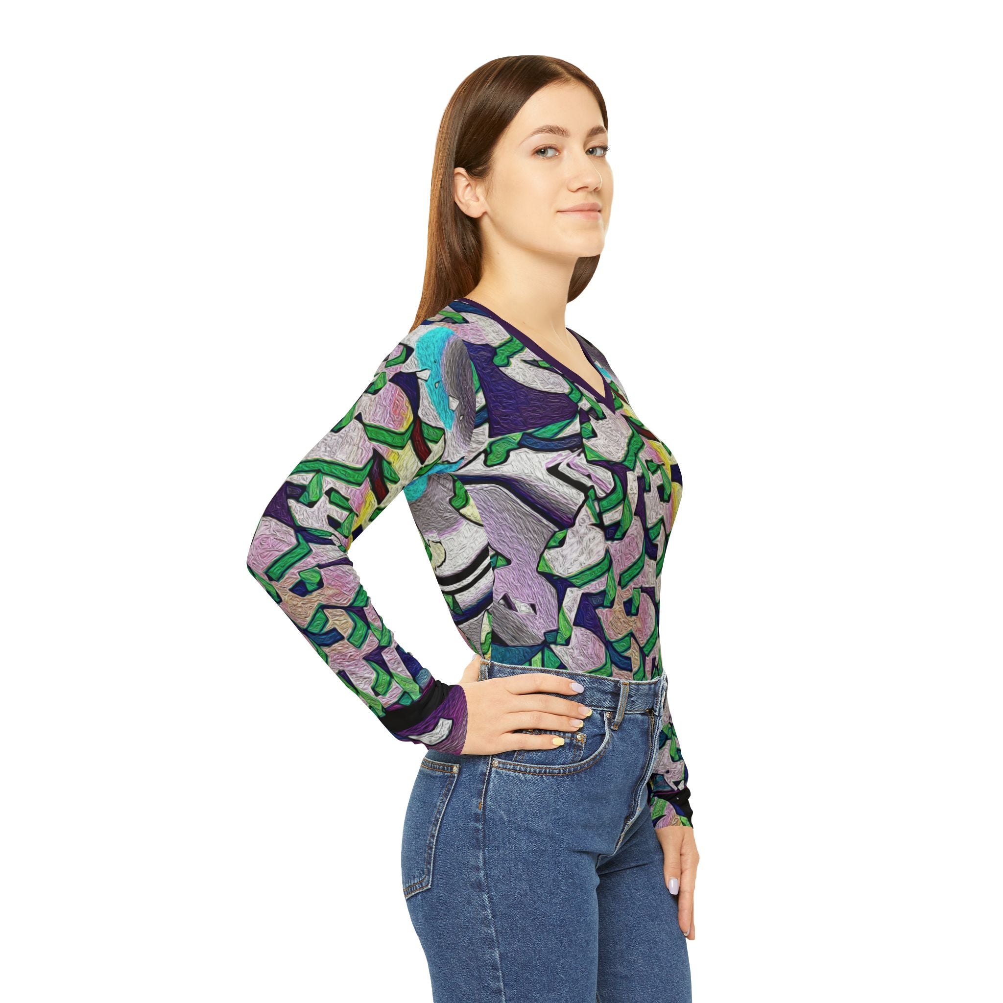 Women's long-sleeve V-neck shirt angled back view on model with abstract print in purple and green