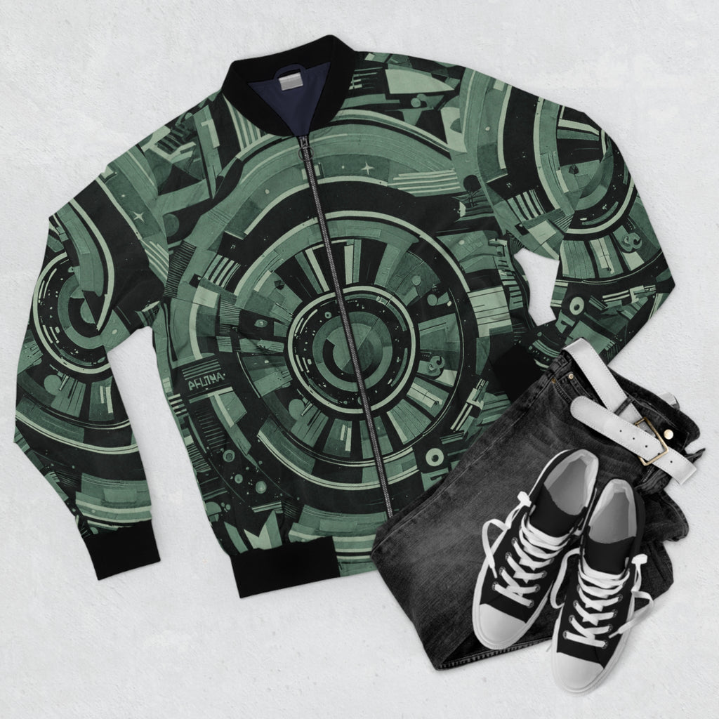 Techno Circuit Bomber Jacket – Futuristic Mechanical Gear Print