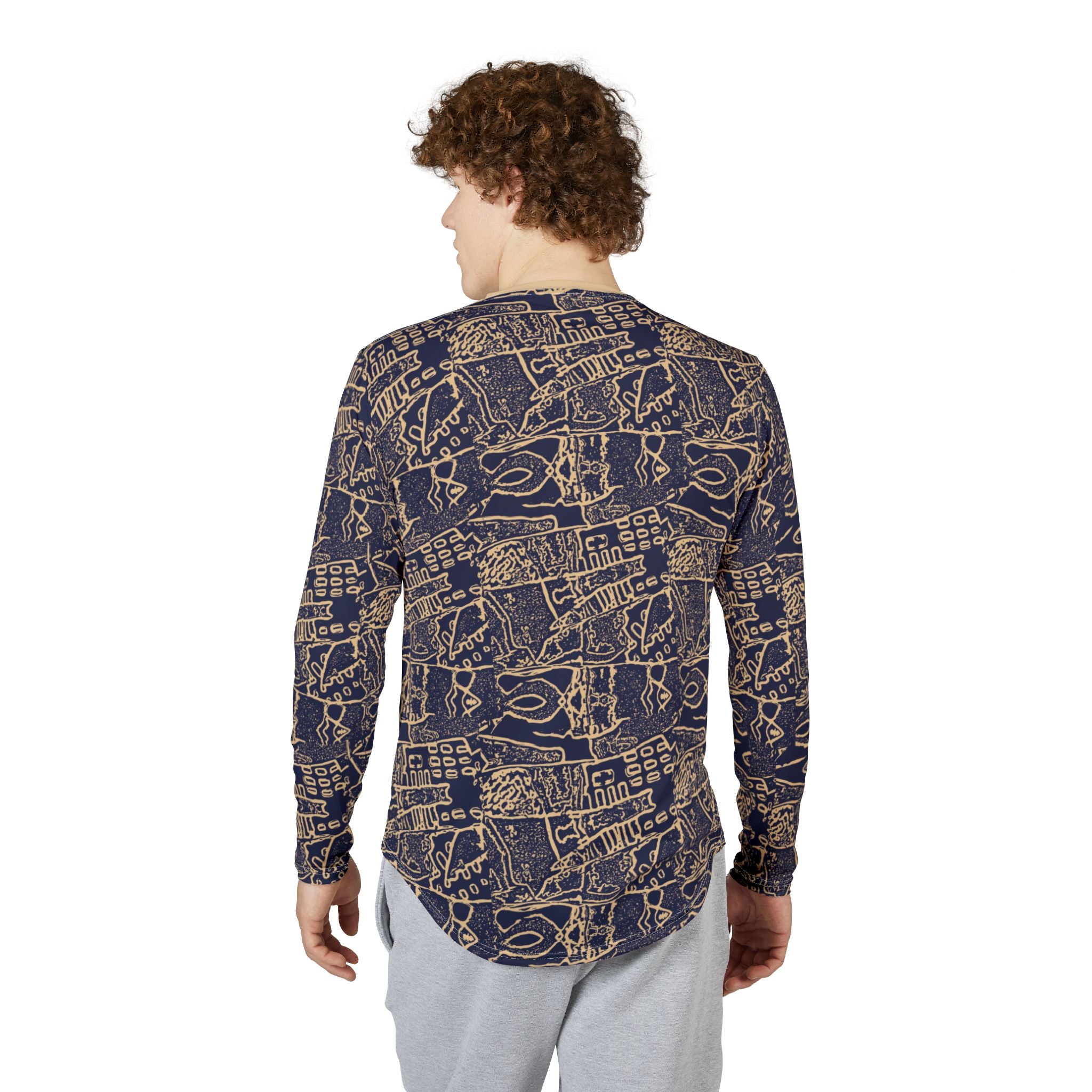 Men's UV Long Sleeve Shirt –  "UPF 50+" Navy Abstract Nautical Sketches AOP