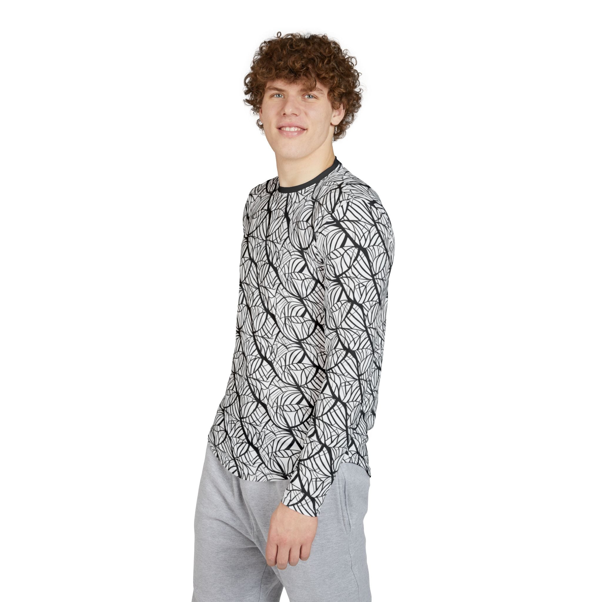 Long-sleeve sun shirt side profile with black leaf pattern on white, crew neck