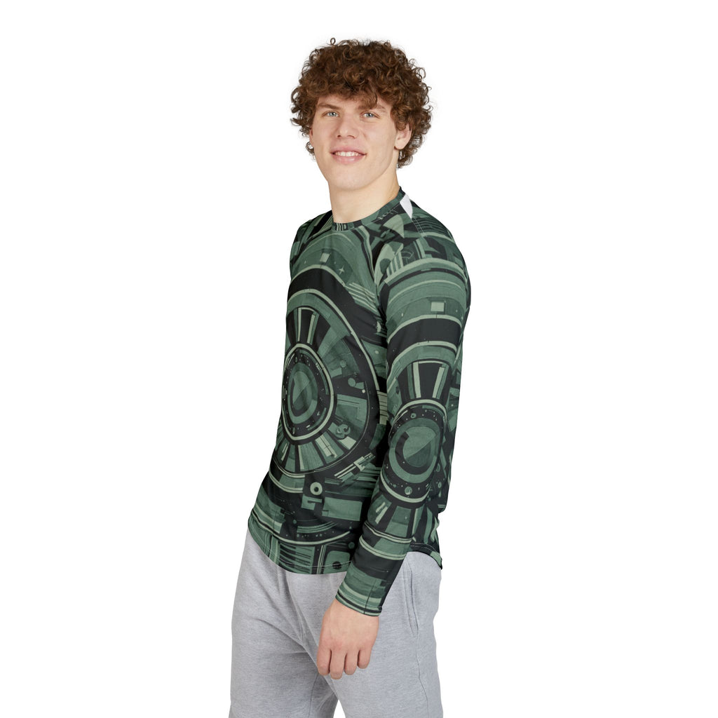 Men's UV long-sleeve shirt side view in dark green with tech circuit pattern