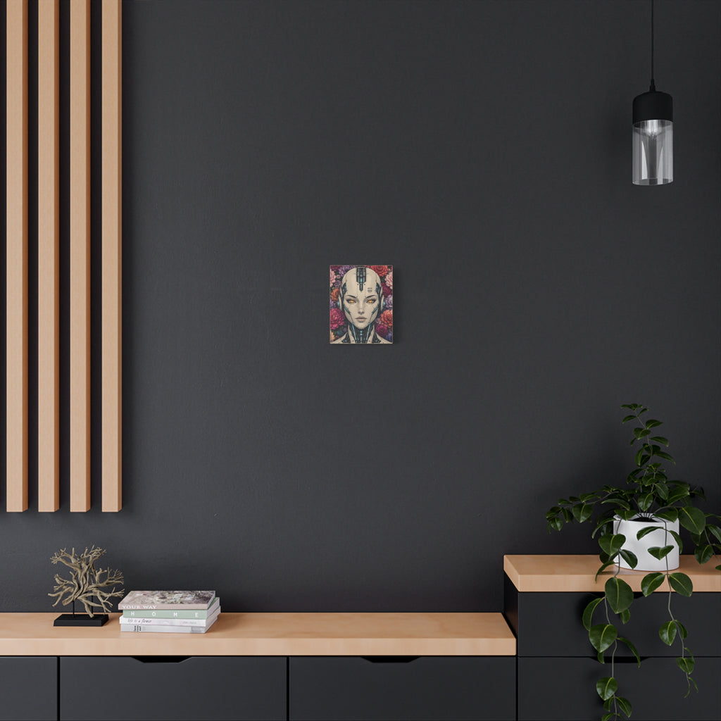 Small square canvas print of a futuristic android portrait with yellow eyes and floral blossoms.