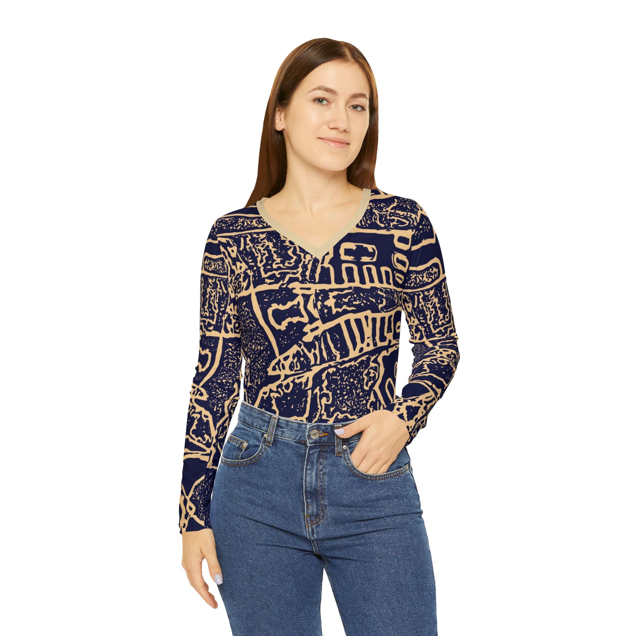 Women’s long-sleeve V-neck patterned top in navy with beige abstract motif
