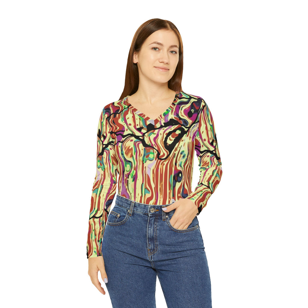 Women's V-Neck Long Sleeve Shirt — Abstract Swirl All-Over Print