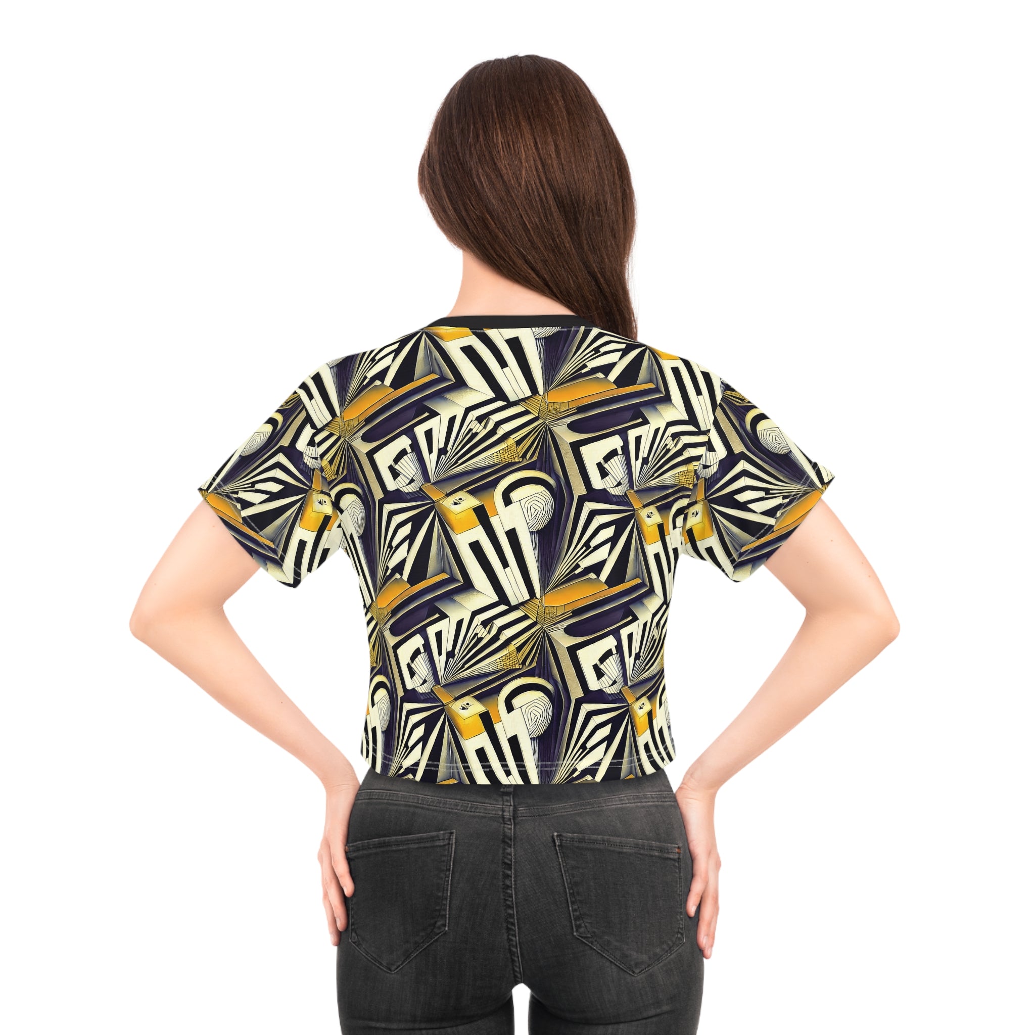 Art Deco Geometric Crop Tee — Vintage Jazz Pattern AOP
