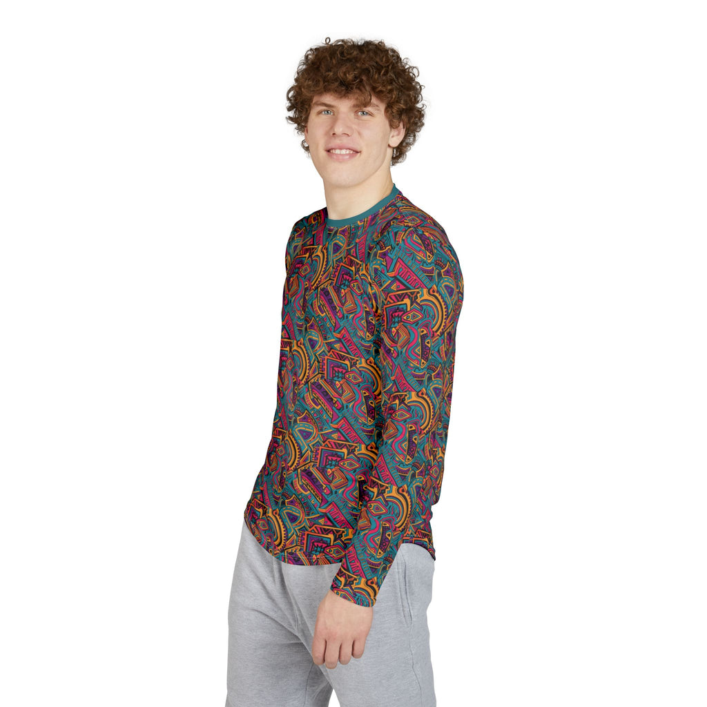 Men's long-sleeve UV shirt, side view, vibrant abstract geometric print with crew neck