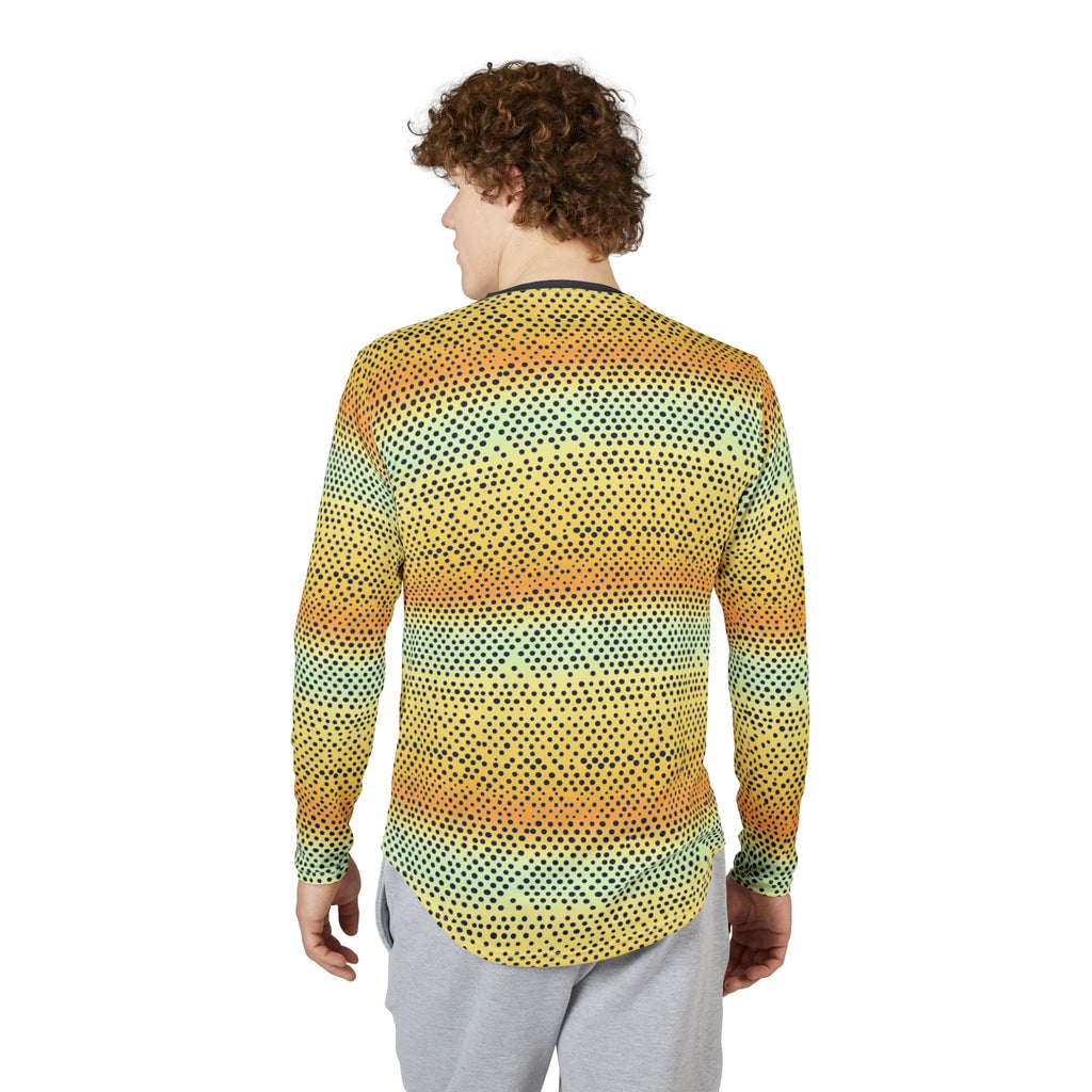 Long-sleeve crew shirt on model, viewed from back: yellow and teal dotted gradient
