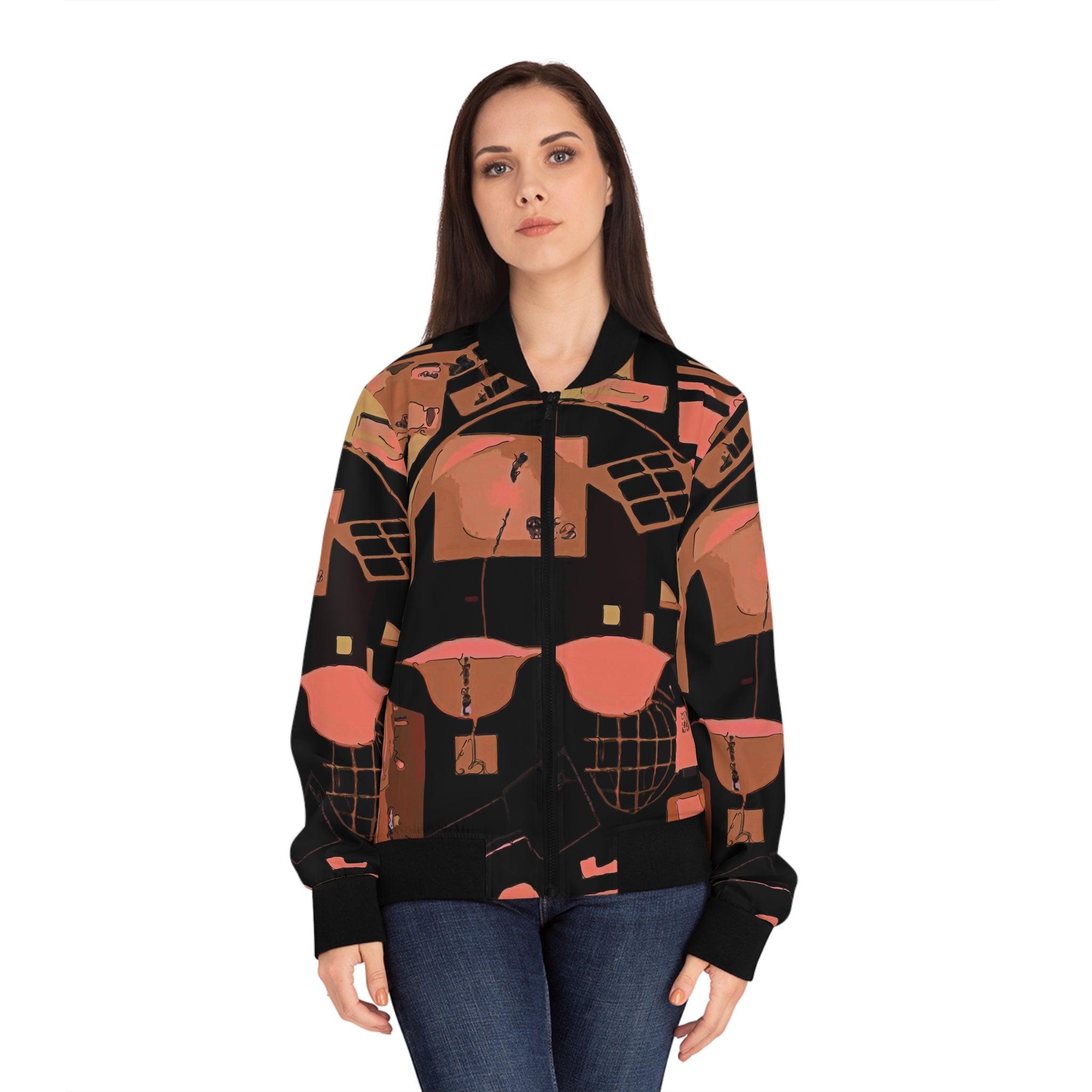 Women’s bomber jacket all-over abstract collage print with front zip and stand collar
