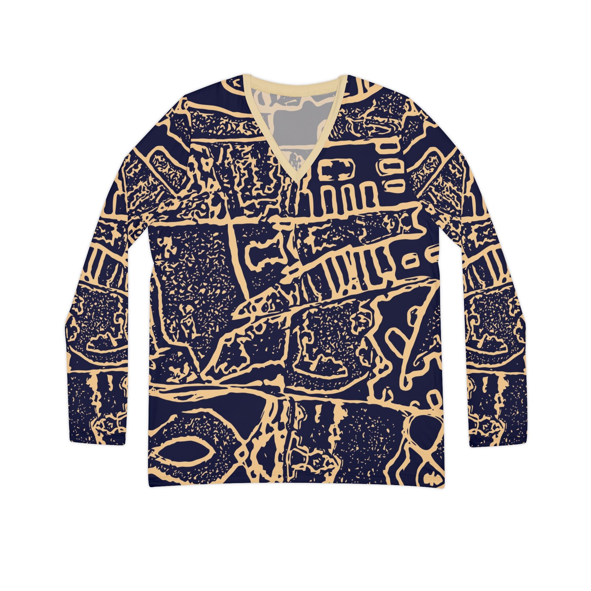 Abstract Navy & Beige V-Neck Long Sleeve Shirt