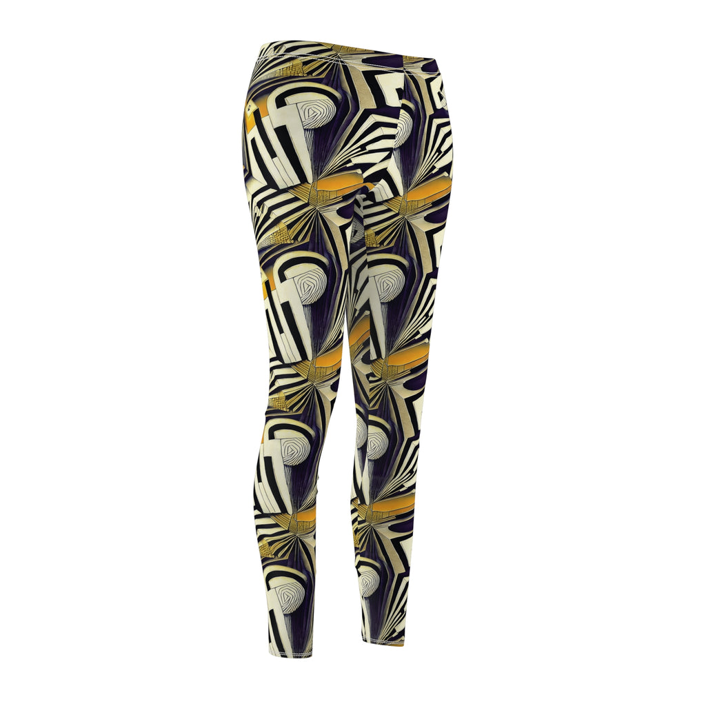 Women's leggings back view with abstract geometric print and stitched waistband.