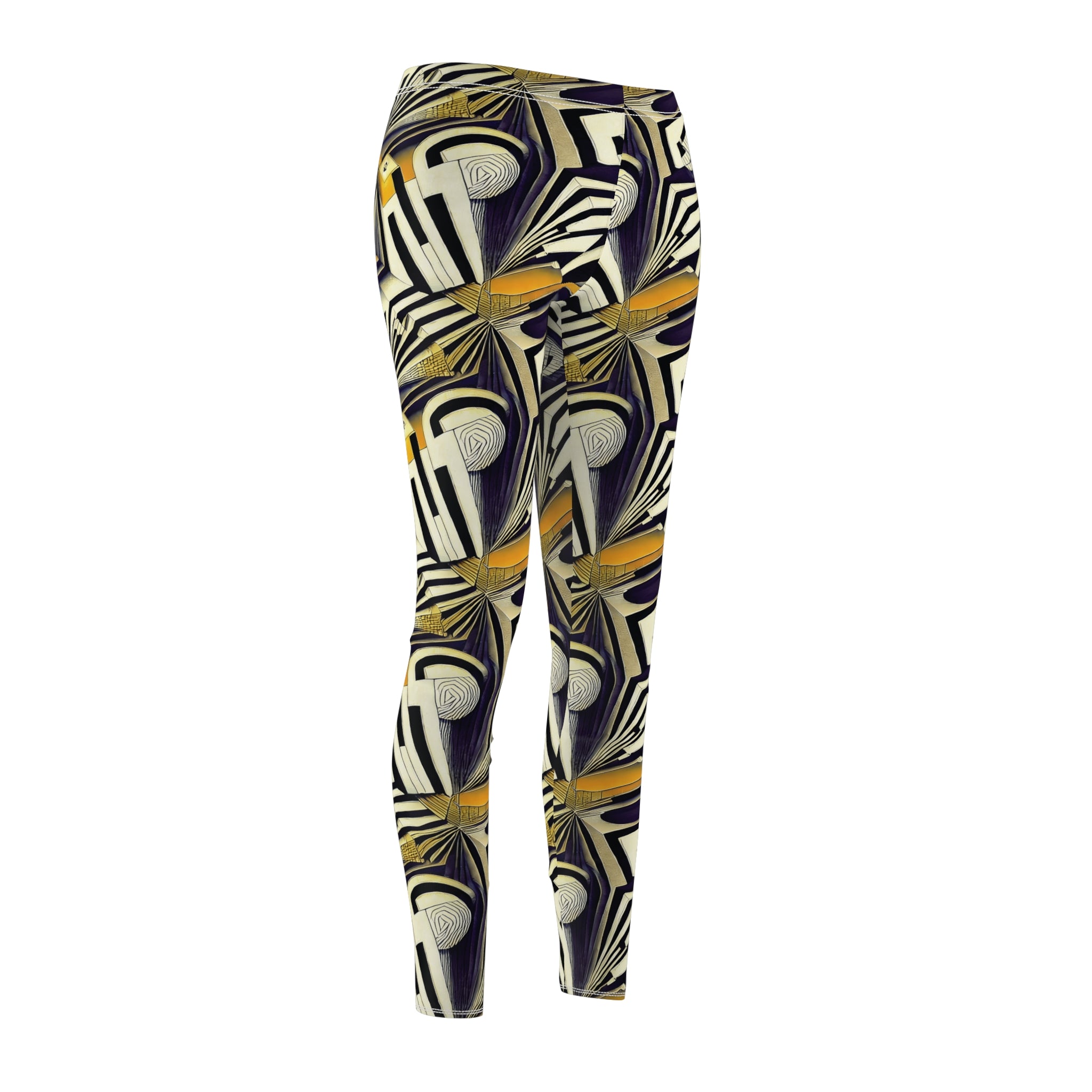 Women's leggings back view with abstract geometric print and stitched waistband.