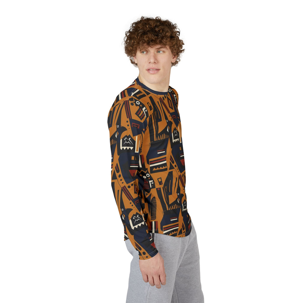 Men's long-sleeve UV sun shirt with orange-and-navy tribal print, crew neck
