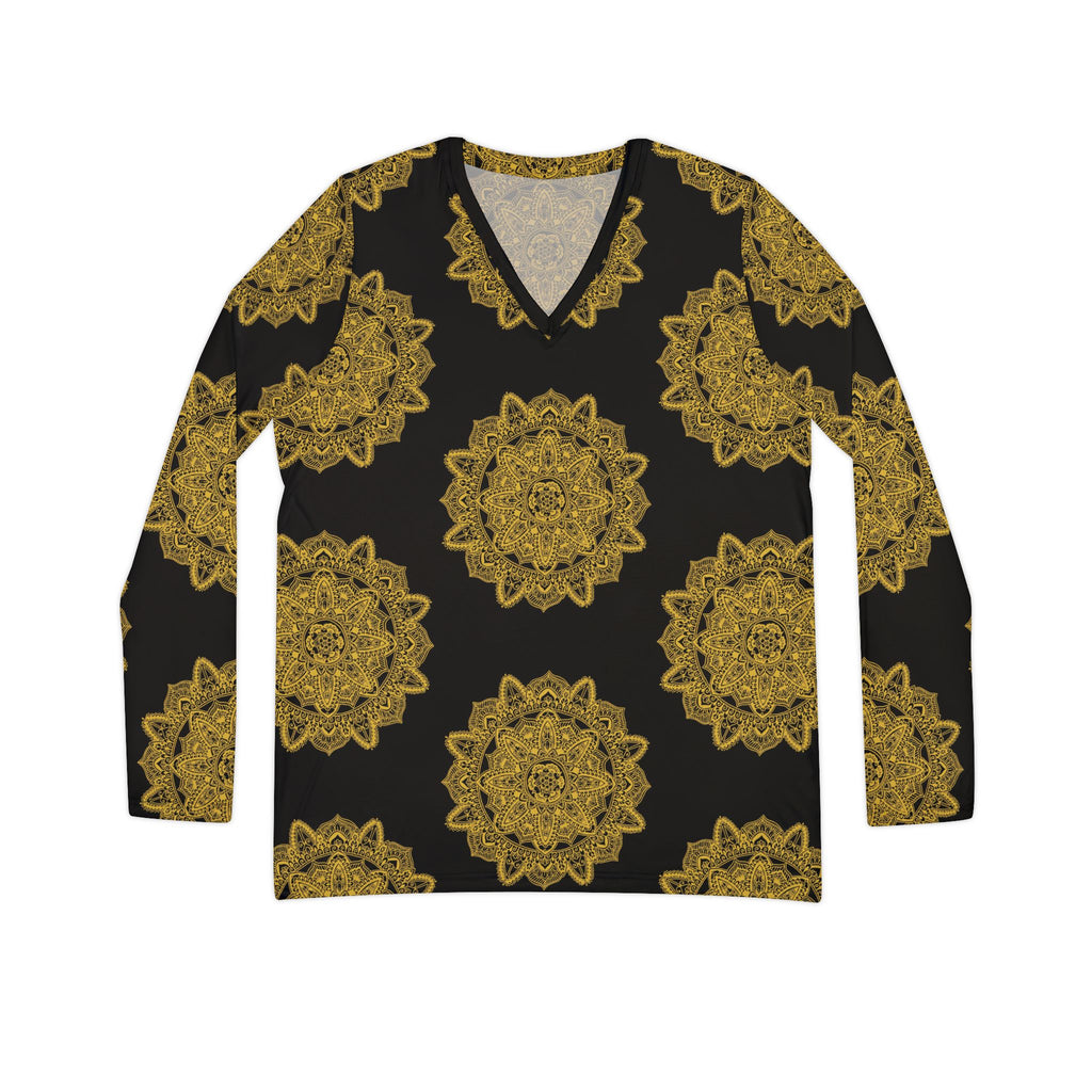 Women's V-Neck Long Sleeve Shirt — Gold Mandala All-Over Print