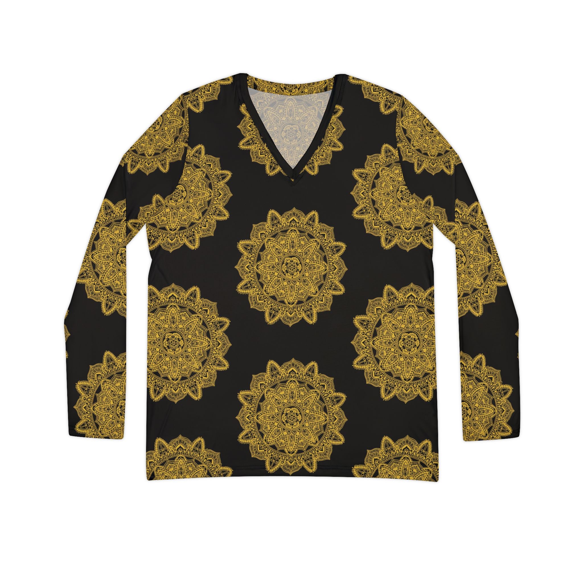 Women's V-Neck Long Sleeve Shirt — Gold Mandala All-Over Print