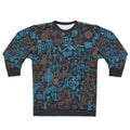 Crewneck sweatshirt in dark brown with all-over blue petroglyph-style line art