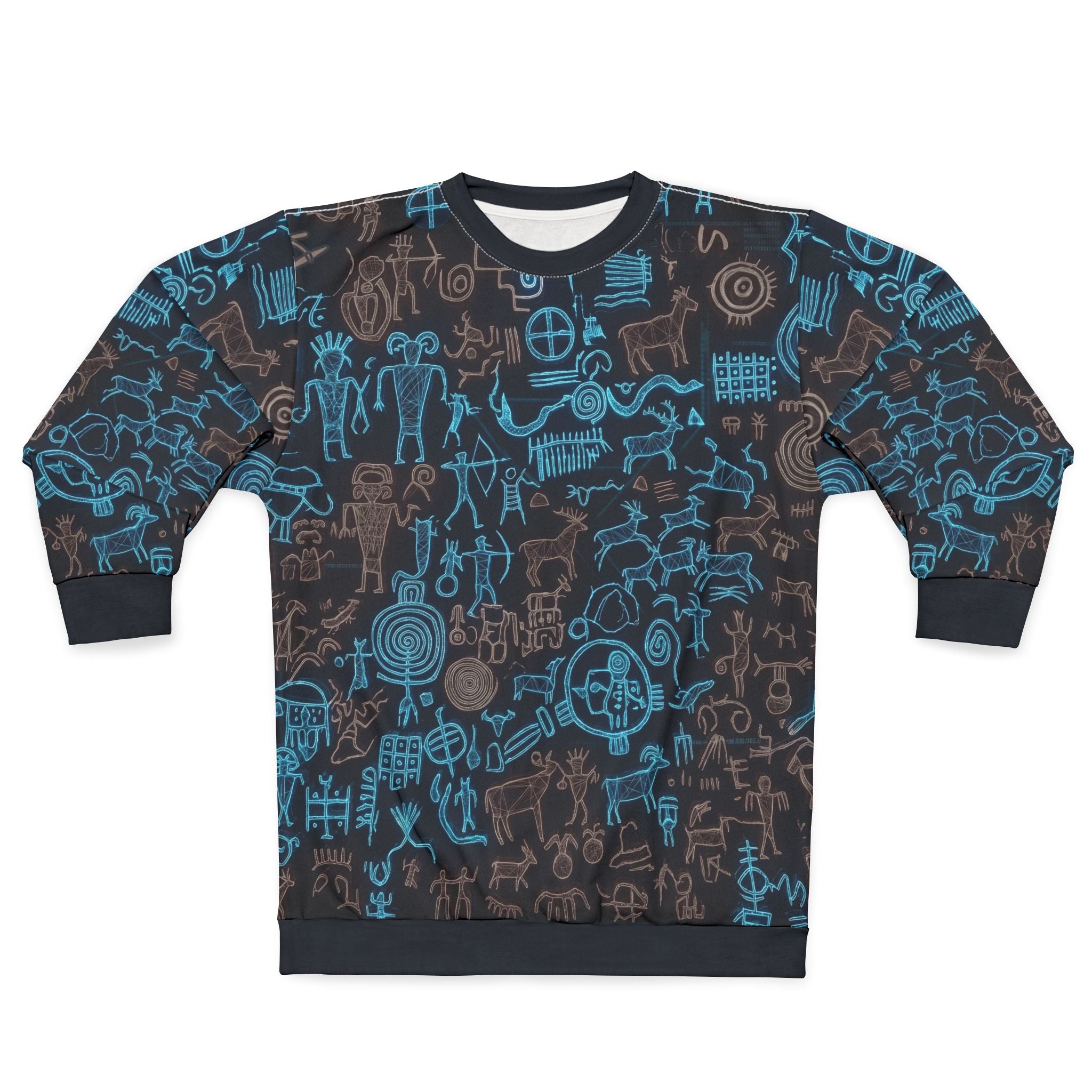 Petroglyph Pattern Sweatshirt — Blue Tribal Rock Art All-Over Print