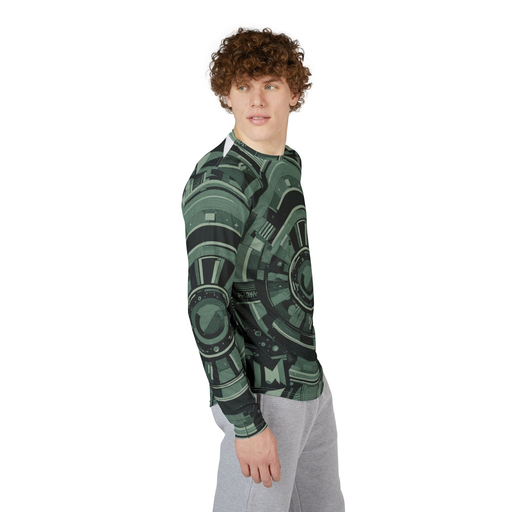 Men's UV long-sleeve shirt angled view in dark green with circuit graphic