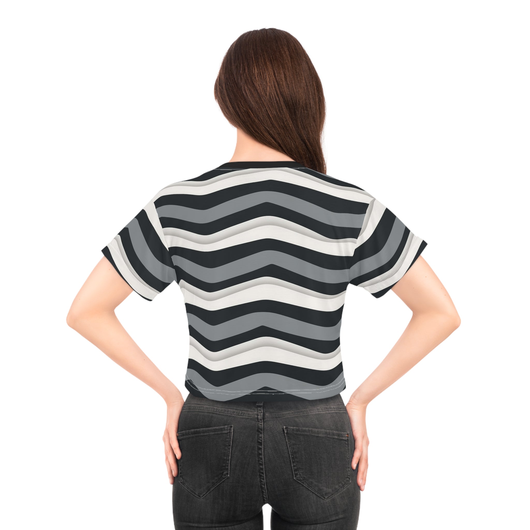 Wavy Stripes Crop Tee — Monochrome Retro Surf Pattern