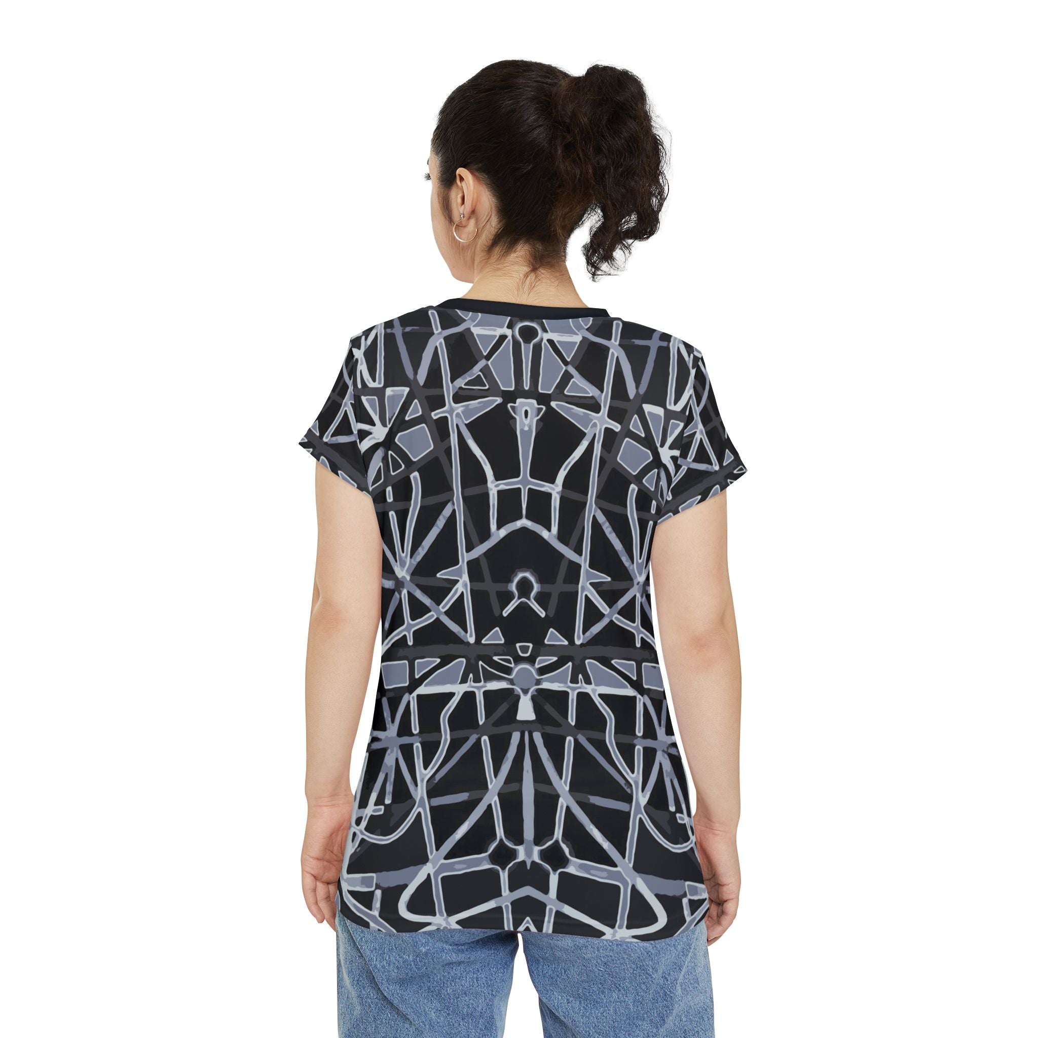 Women's Short Sleeve Shirt — Abstract Geometric Black & Gray All-Over Print