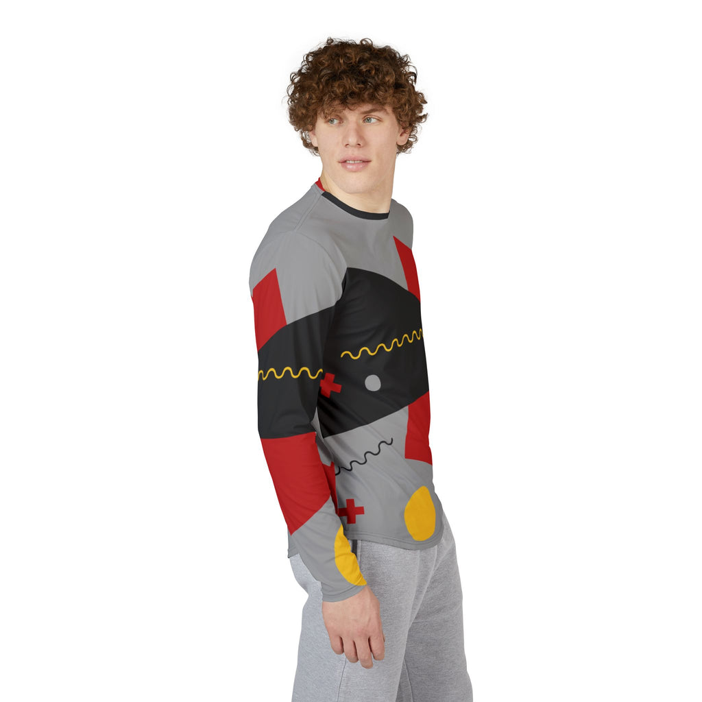 Men's long-sleeve UV shirt, angled view, red and black abstract geometric print on gray