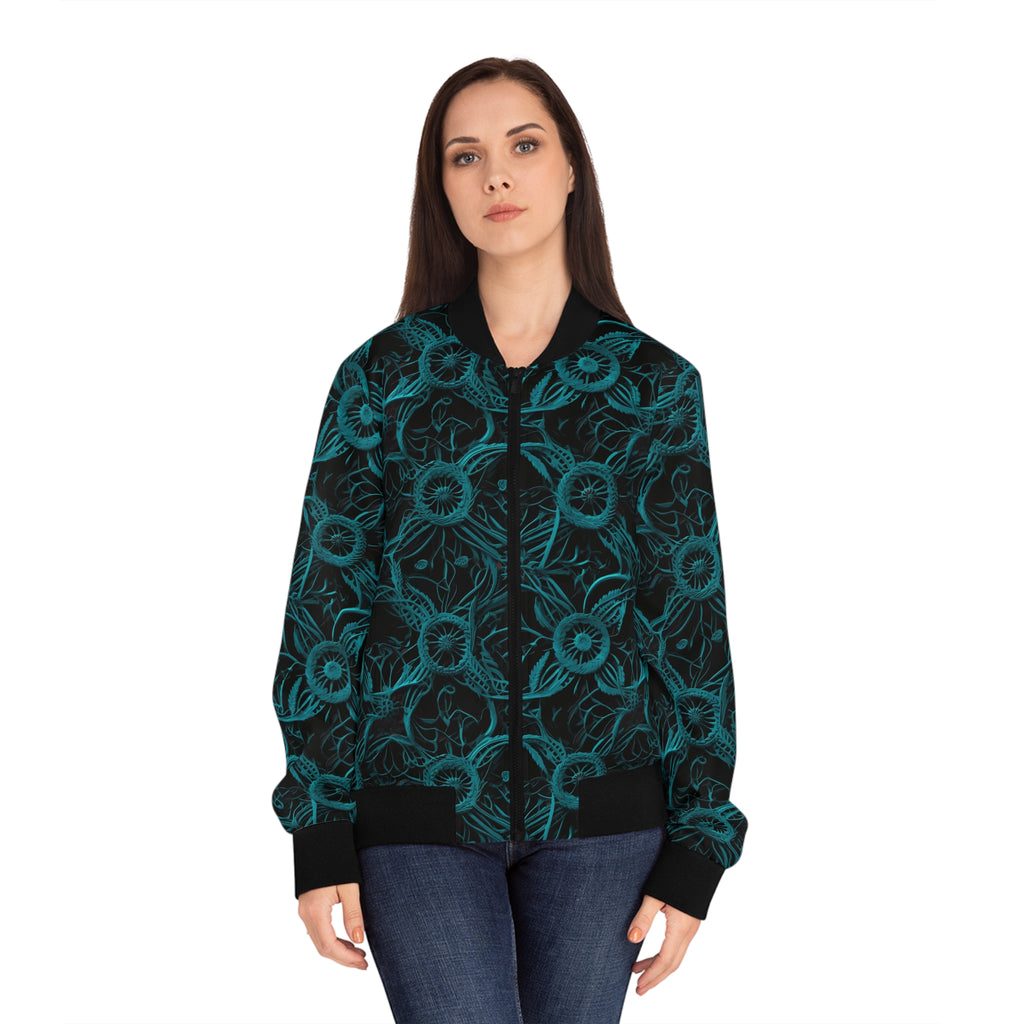 Teal Floral All-Over Print Bomber Jacket — Women's Lightweight Floral Jacket