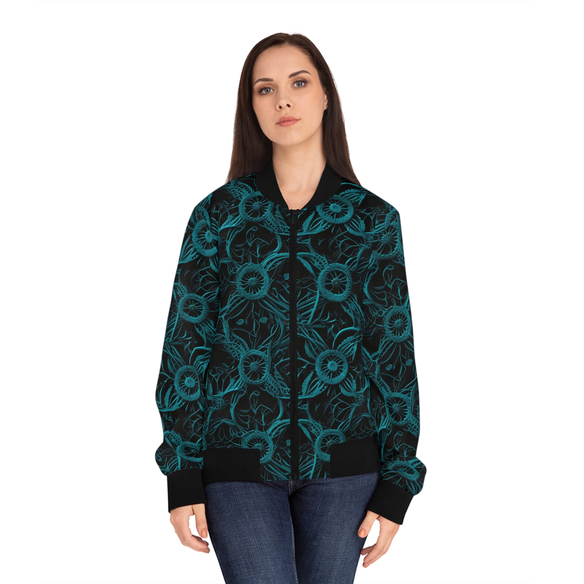 Teal Floral All-Over Print Bomber Jacket — Women's Lightweight Floral Jacket