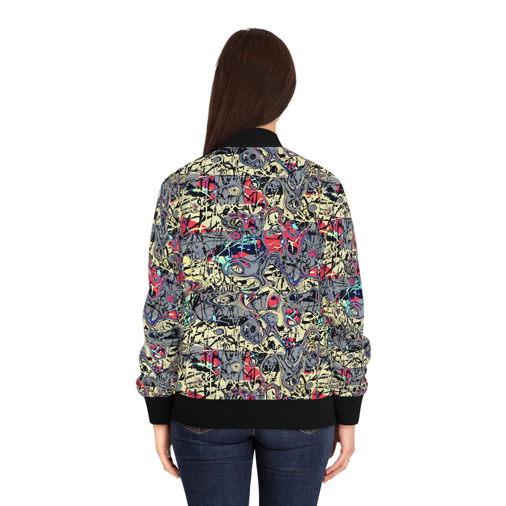 Women’s graffiti bomber jacket, all-over print, black ribbed hem and cuffs