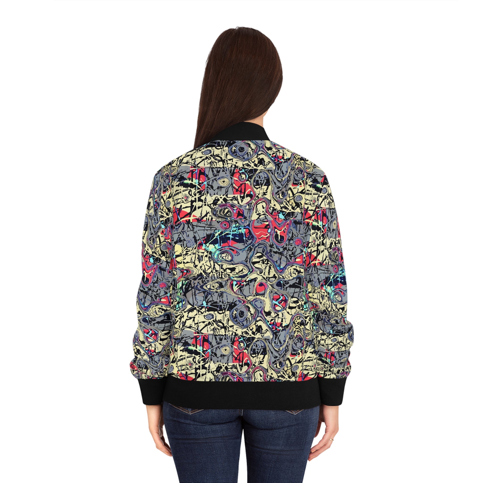 Women’s graffiti bomber jacket, all-over print, black ribbed hem and cuffs