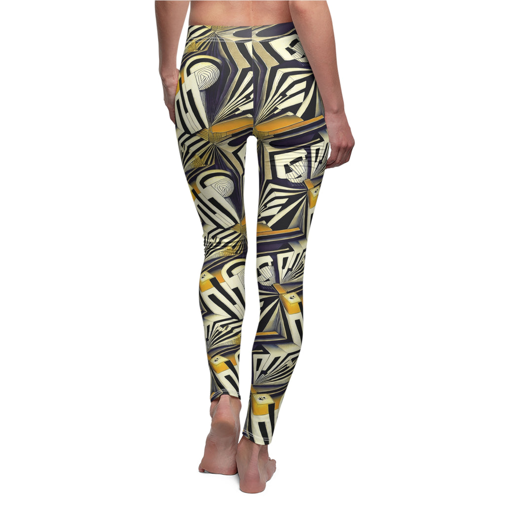 Women's leggings close side view, abstract geometric print in yellow and black.
