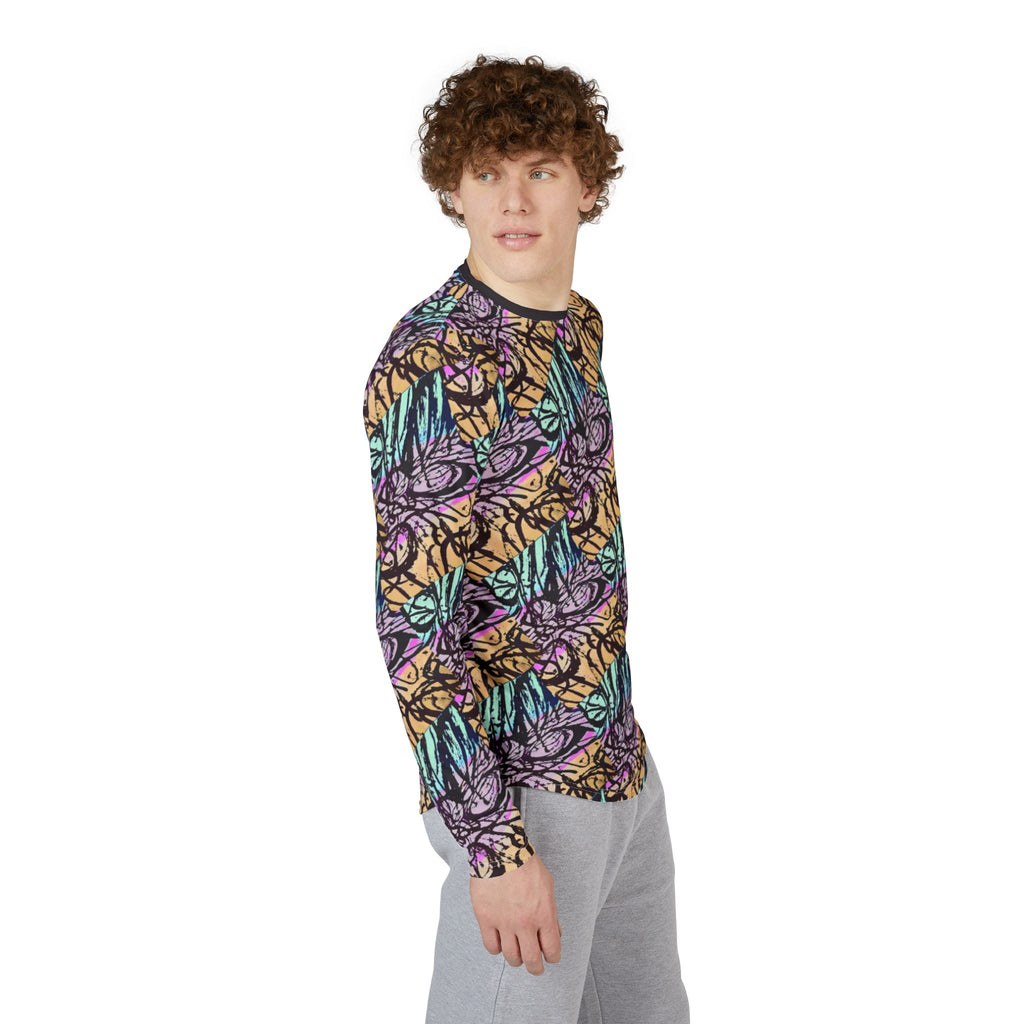 Men's butterfly patterned long-sleeve shirt on model, angled side view, crew neck, multicolor print
