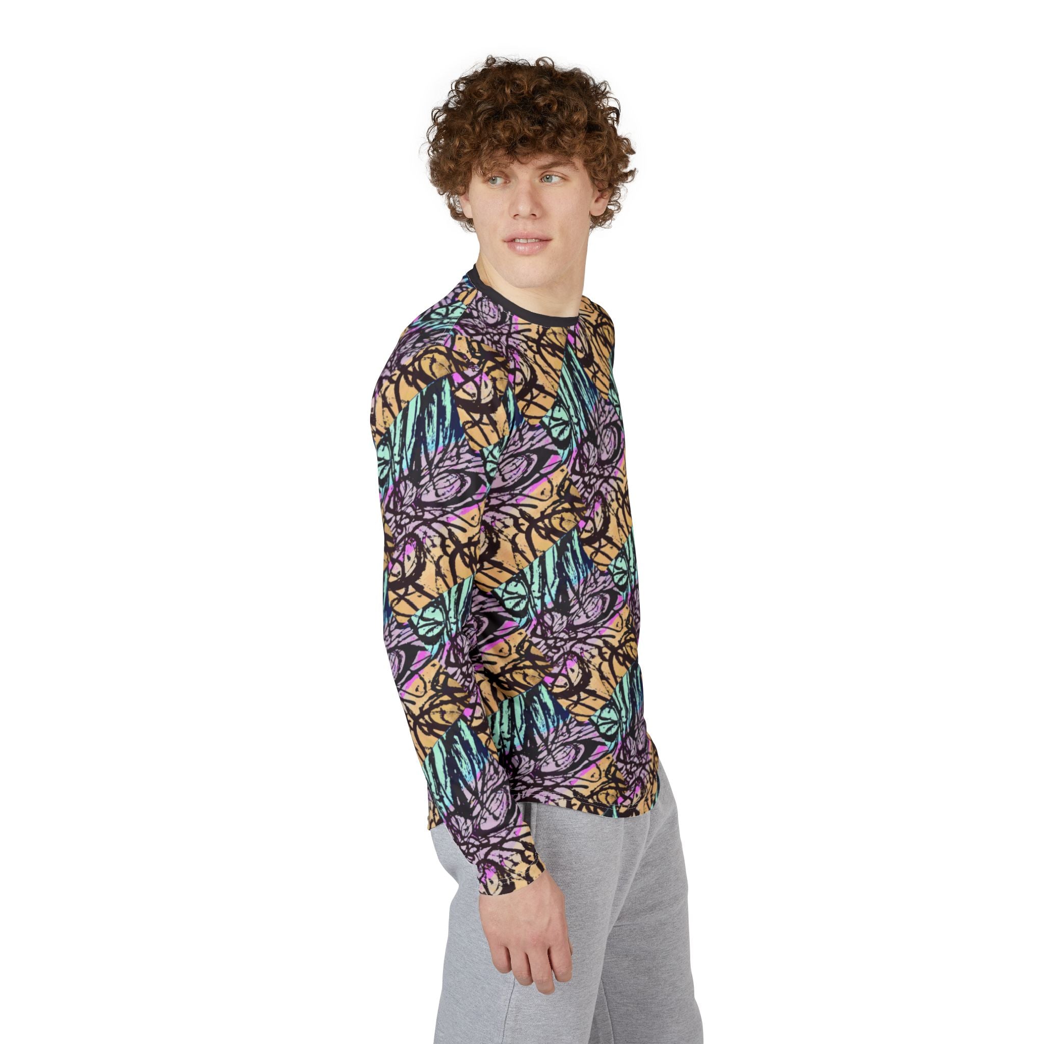 Men's butterfly patterned long-sleeve shirt on model, angled side view, crew neck, multicolor print