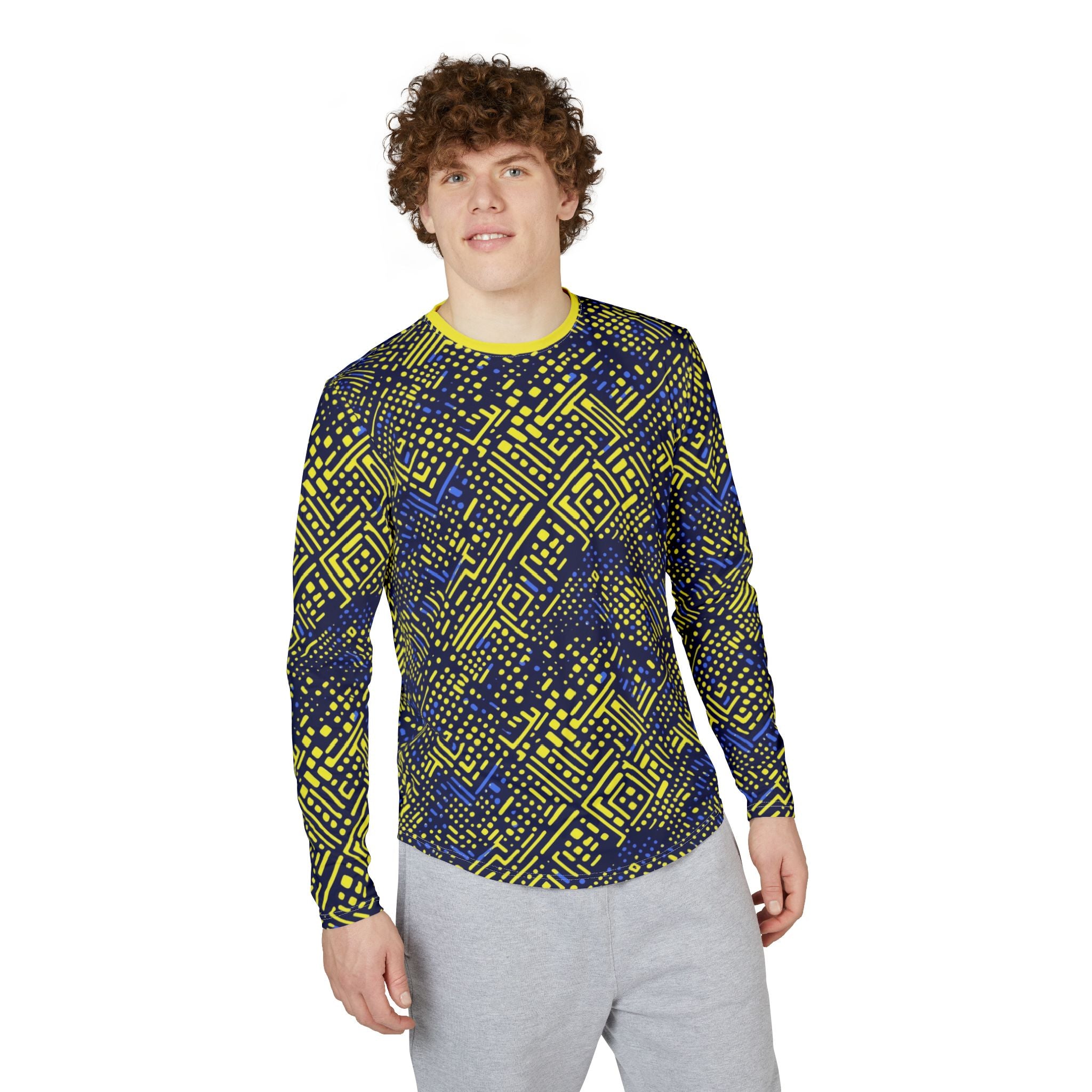 Men's UV Long Sleeve Shirt – Geometric Neon Blue & Yellow All-Over Print