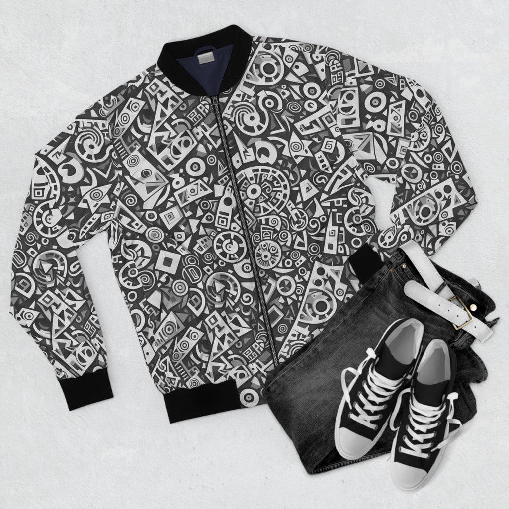 Abstract Monochrome Pattern Bomber Jacket — Geometric Doodle AOP