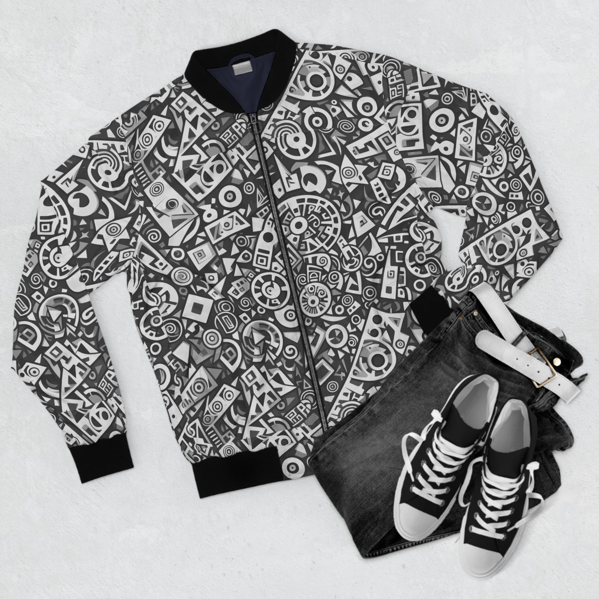 Abstract Monochrome Pattern Bomber Jacket — Geometric Doodle AOP