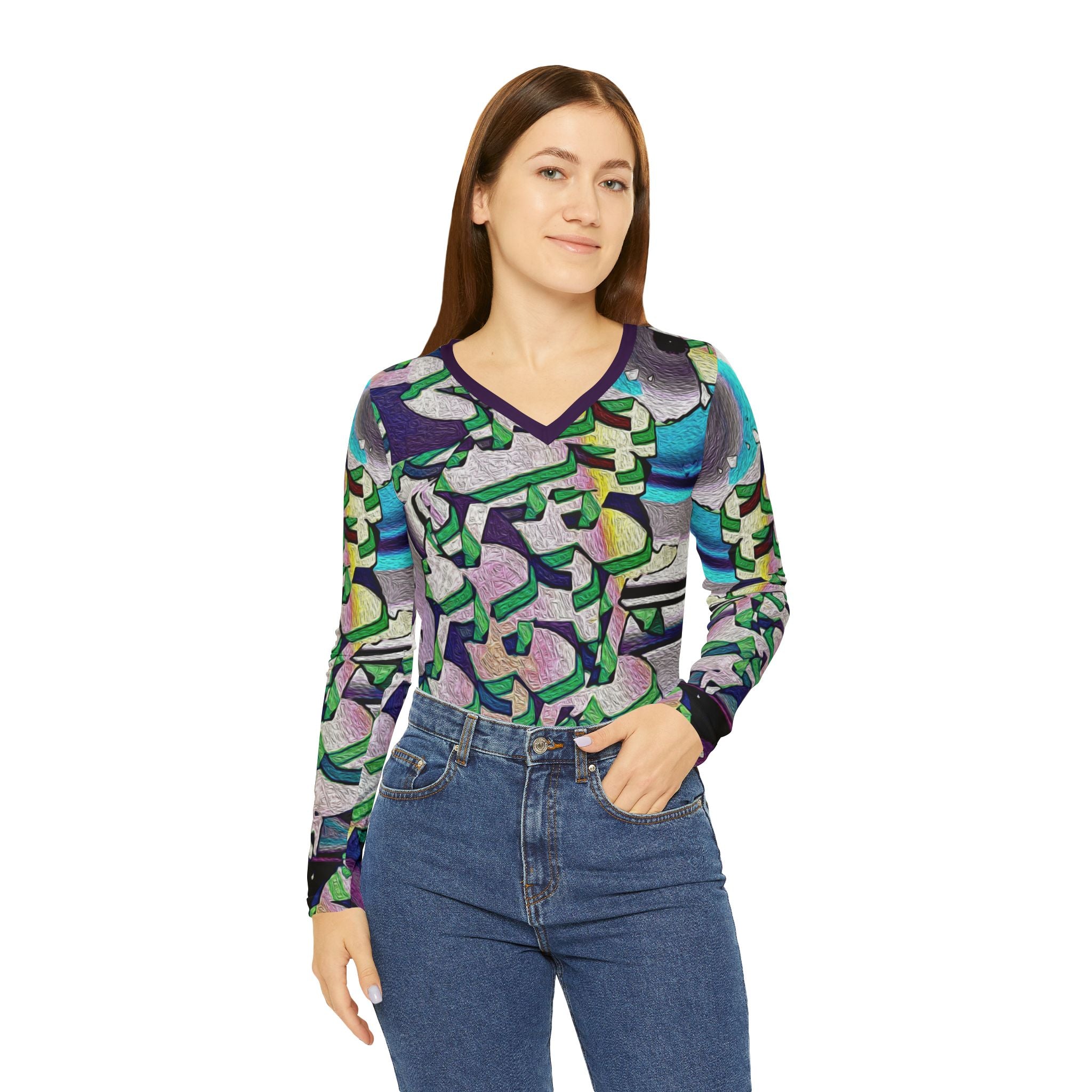 Women's long-sleeve V-neck shirt on model, abstract print in purple, green, and blue