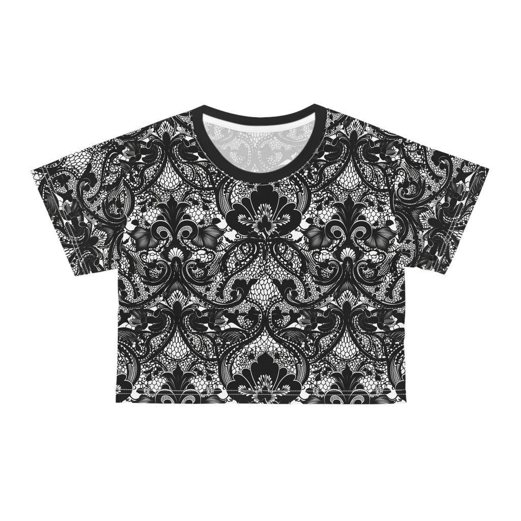 Black crop tee with ornate damask floral pattern, crew neck, short sleeves, white-trim neckline