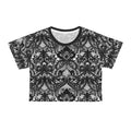 Black crop tee with ornate damask floral pattern, crew neck, short sleeves, white-trim neckline