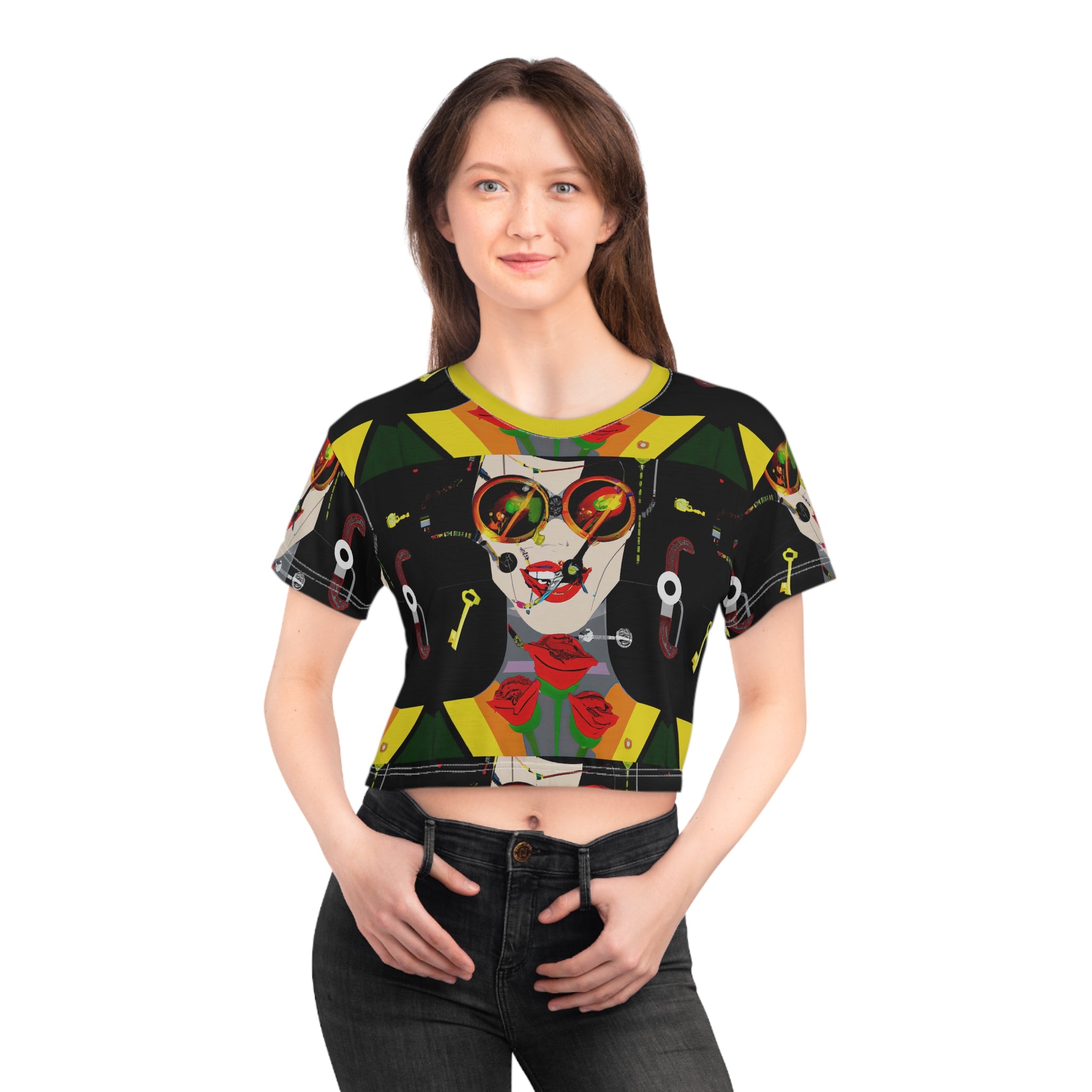 Abstract Retro Face Crop Tee — Colorful Pop Art Sunglasses Design