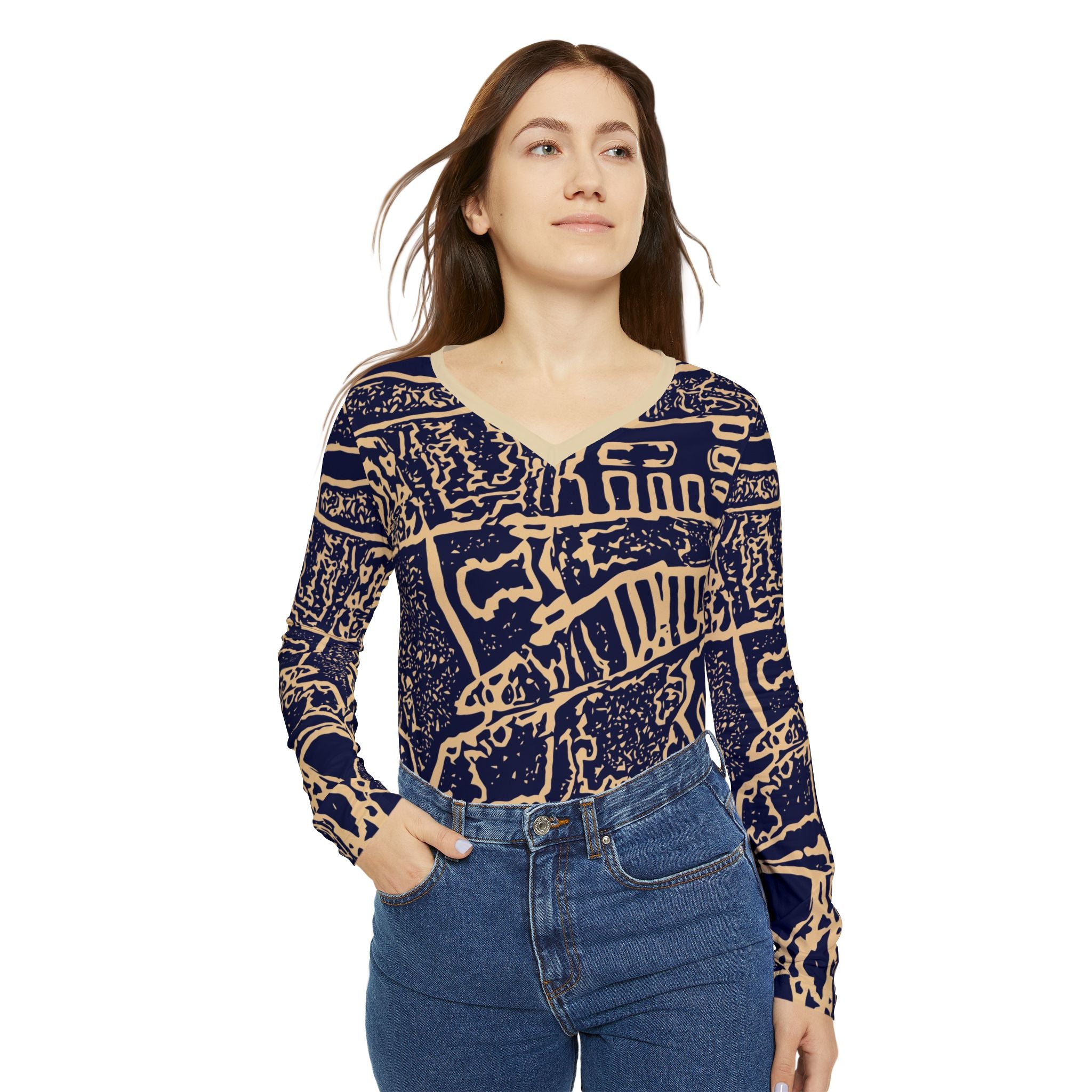 Women’s patterned top with navy V-neck and long sleeves, abstract navy-and-beige print