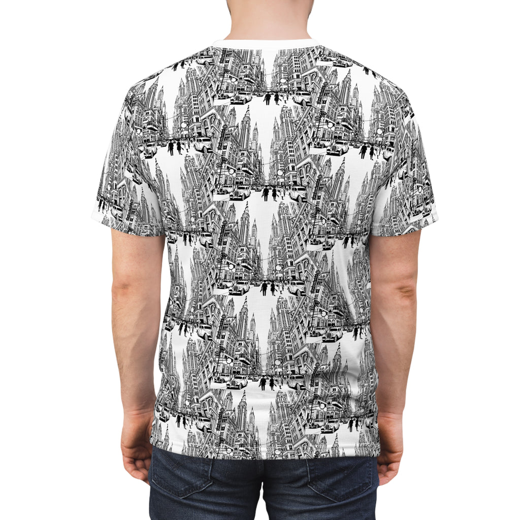 Cityscape Pattern Tee — Monochrome Architectural All-Over Print