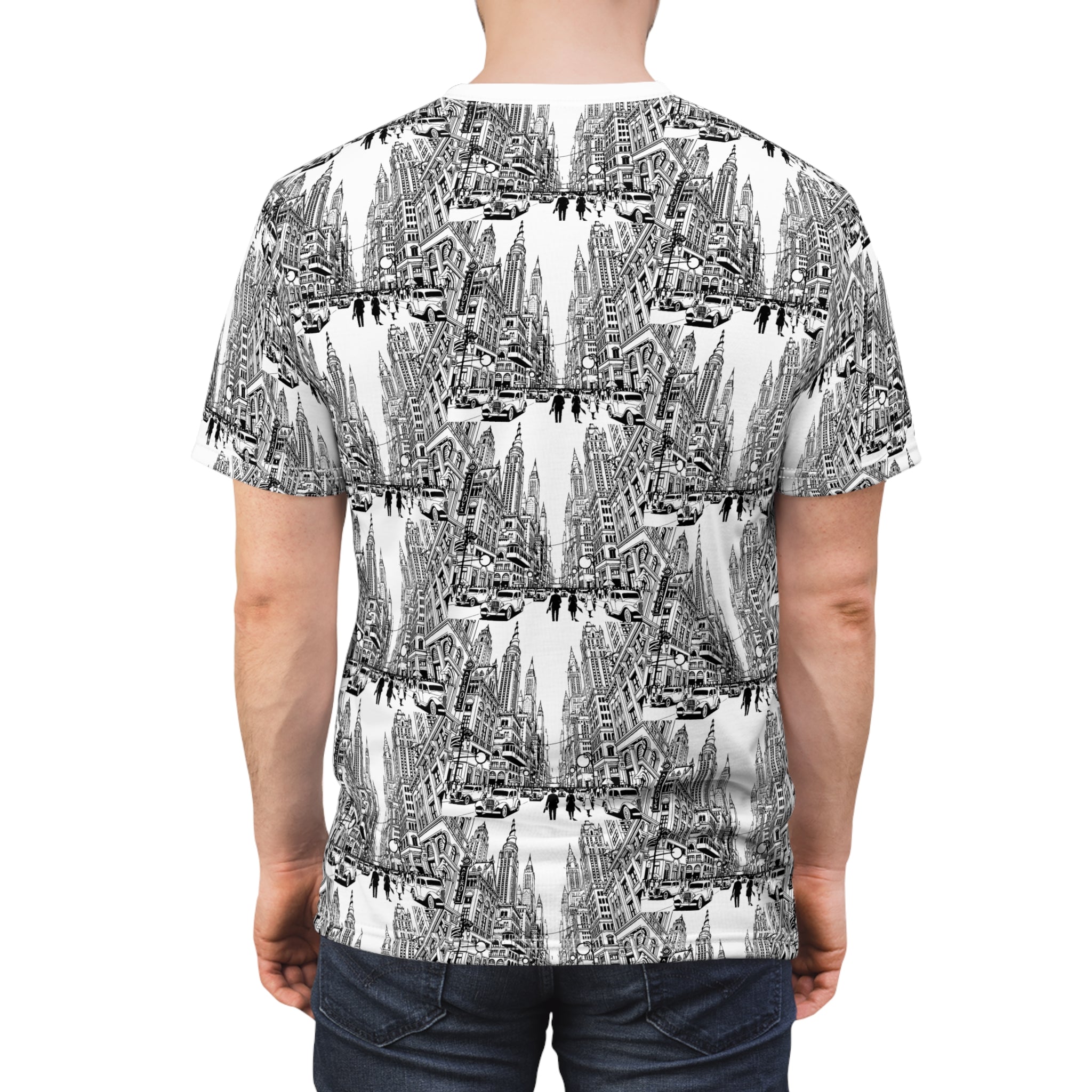 Cityscape Pattern Tee — Monochrome Architectural All-Over Print