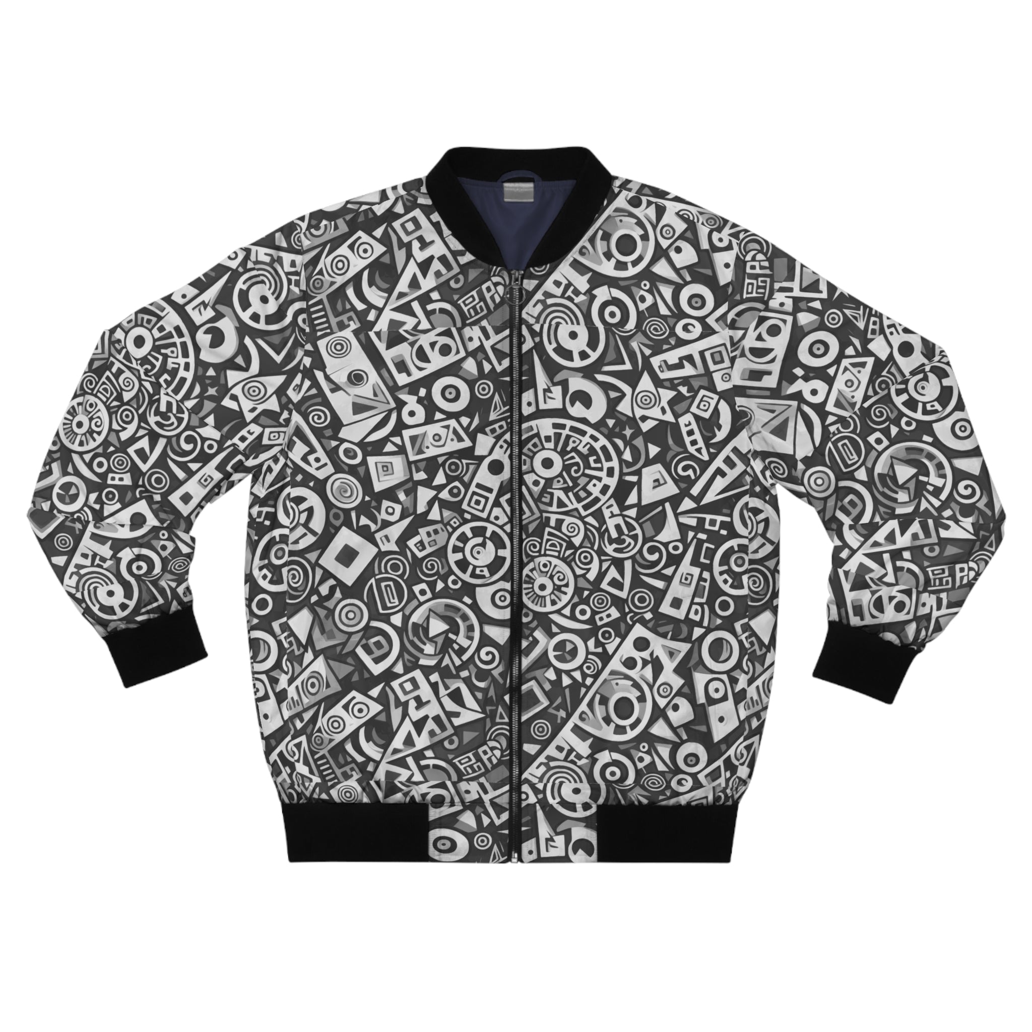 Abstract Monochrome Pattern Bomber Jacket — Geometric Doodle AOP