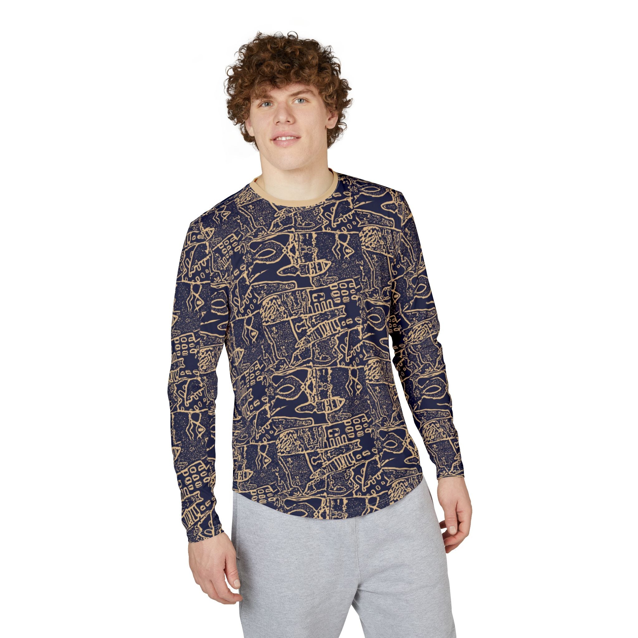 Men's UV Long Sleeve Shirt –  "UPF 50+" Navy Abstract Nautical Sketches AOP