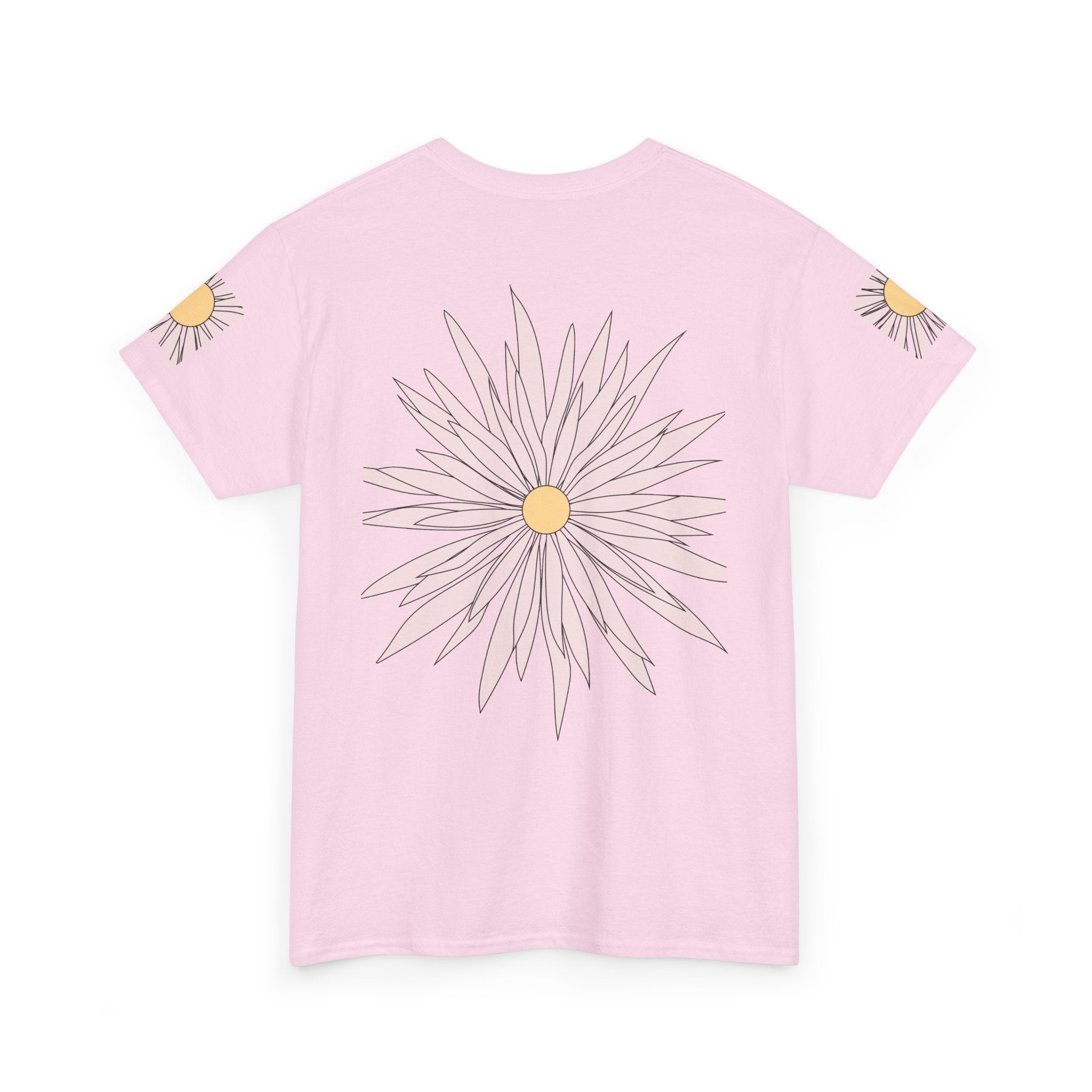 Light pink graphic tee with large daisy flower print on back, small daisy graphics on sleeves.