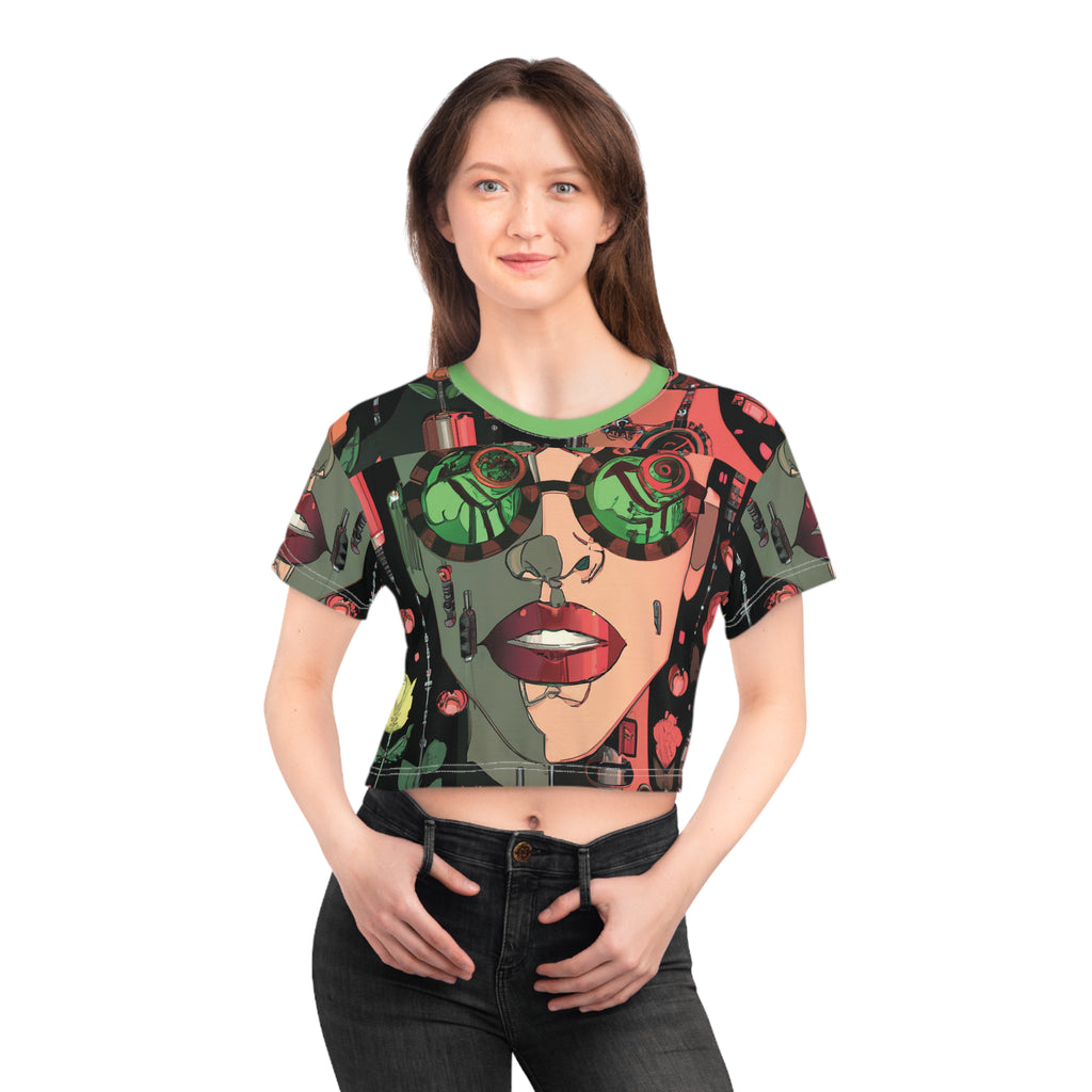 Cyberpunk Sunglasses Crop Tee — Retro Futurist Pop Art AOP
