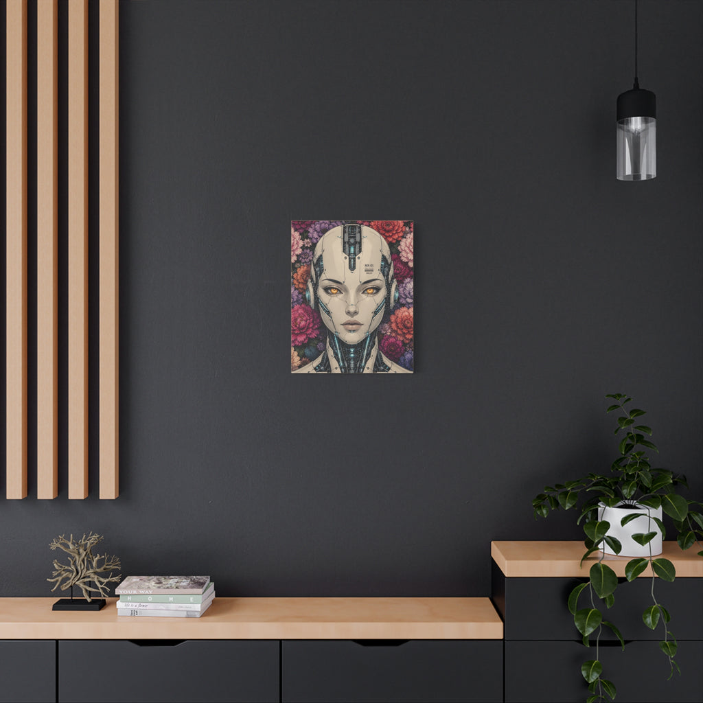 Futuristic android female portrait canvas print with pink floral elements and blue glowing circuitry