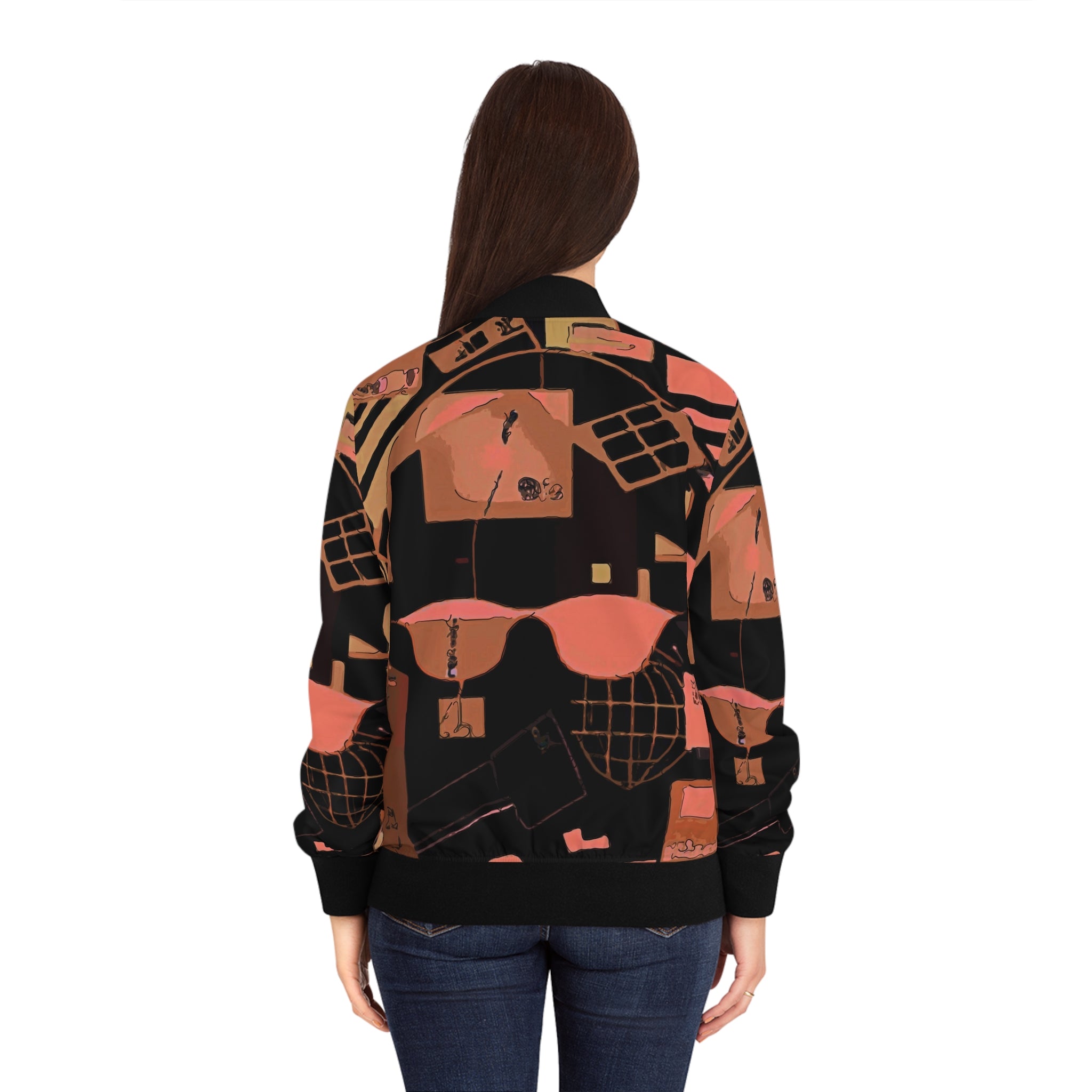 Women’s bomber jacket back view, abstract retro collage print with ribbed cuffs and hem