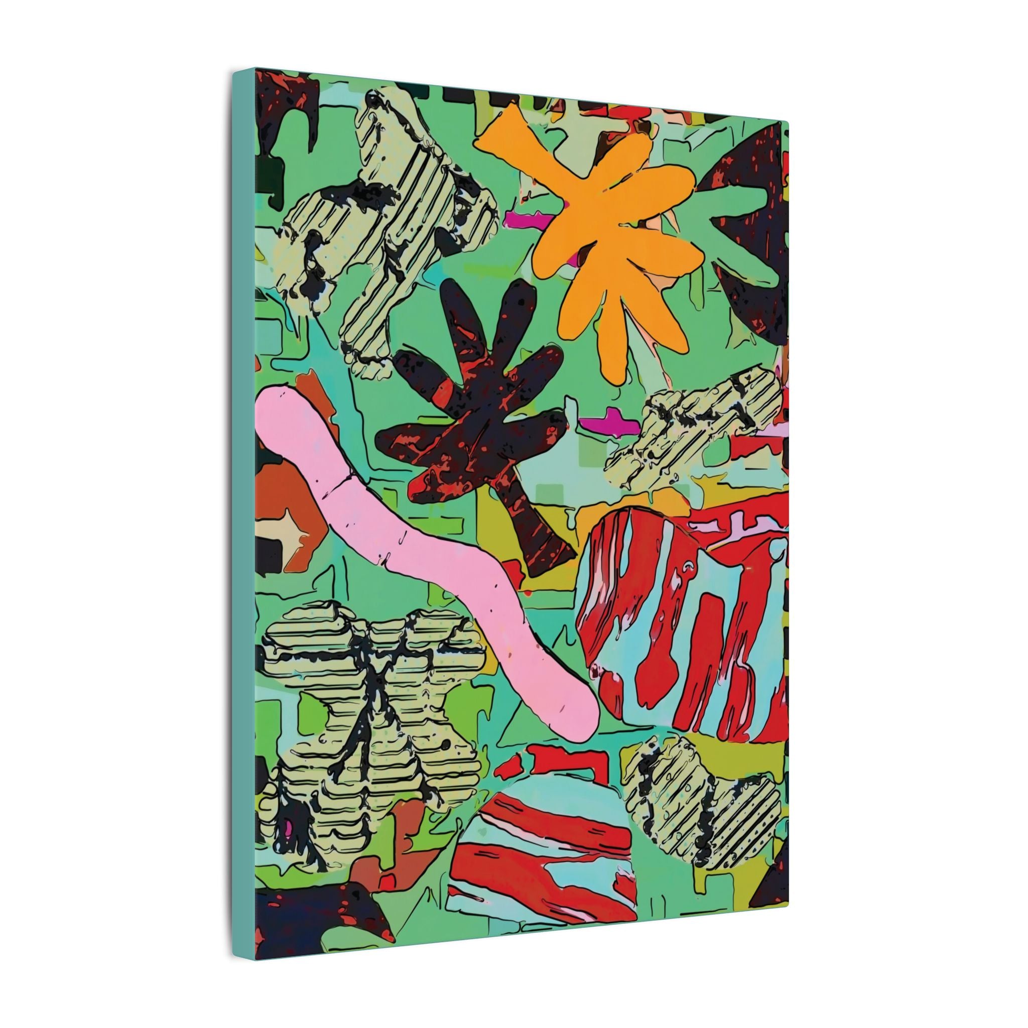 Mounted square abstract botanical canvas print with bright orange flower, red foliage, and teal tones
